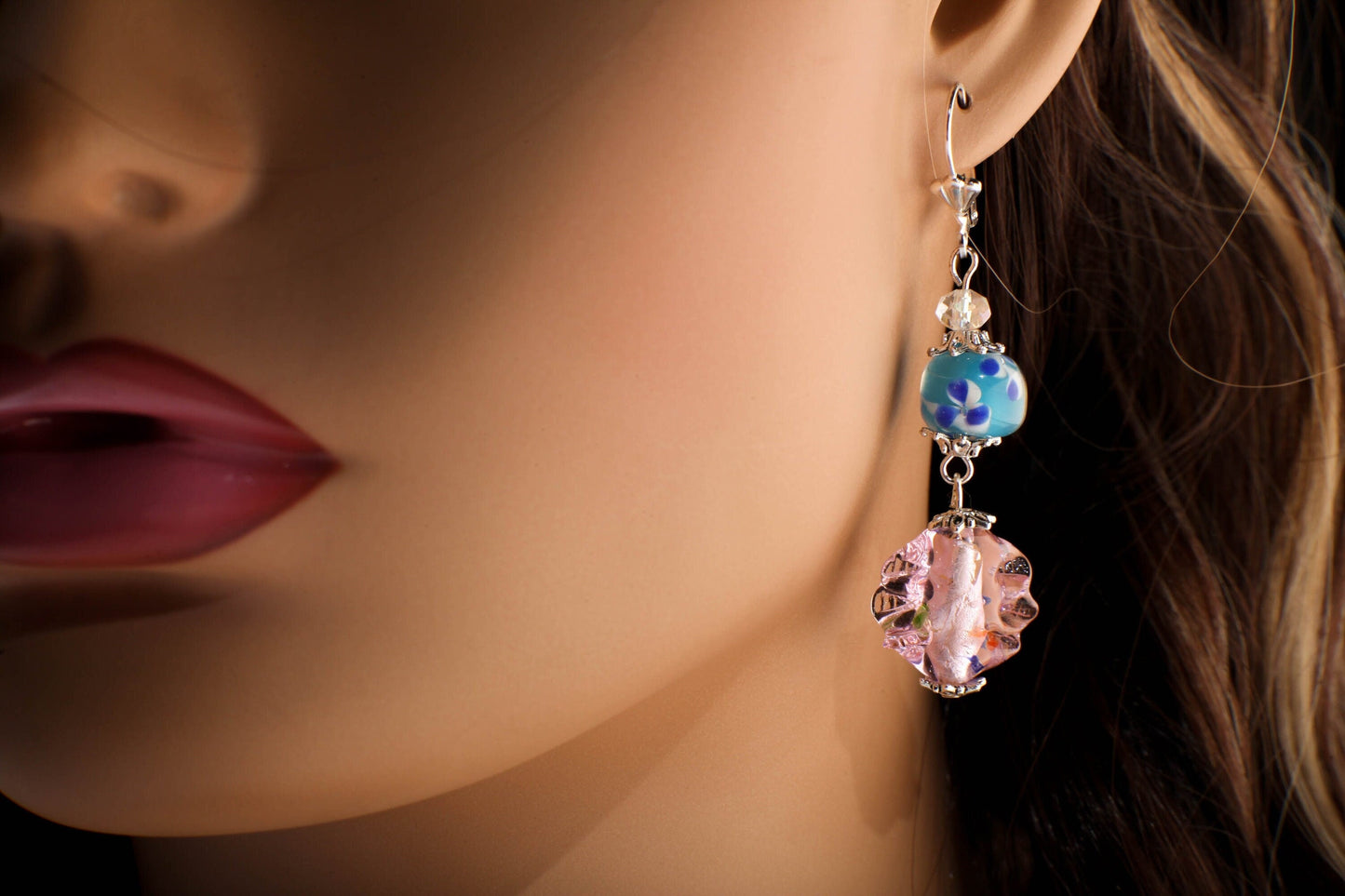 Glass Lamp work Pink Leaf Wave Bead 17x19mm Dangling with Blue Lamp Work Round Czech Glass Foil Bead Silver Earrings, Handmade Gift for Her