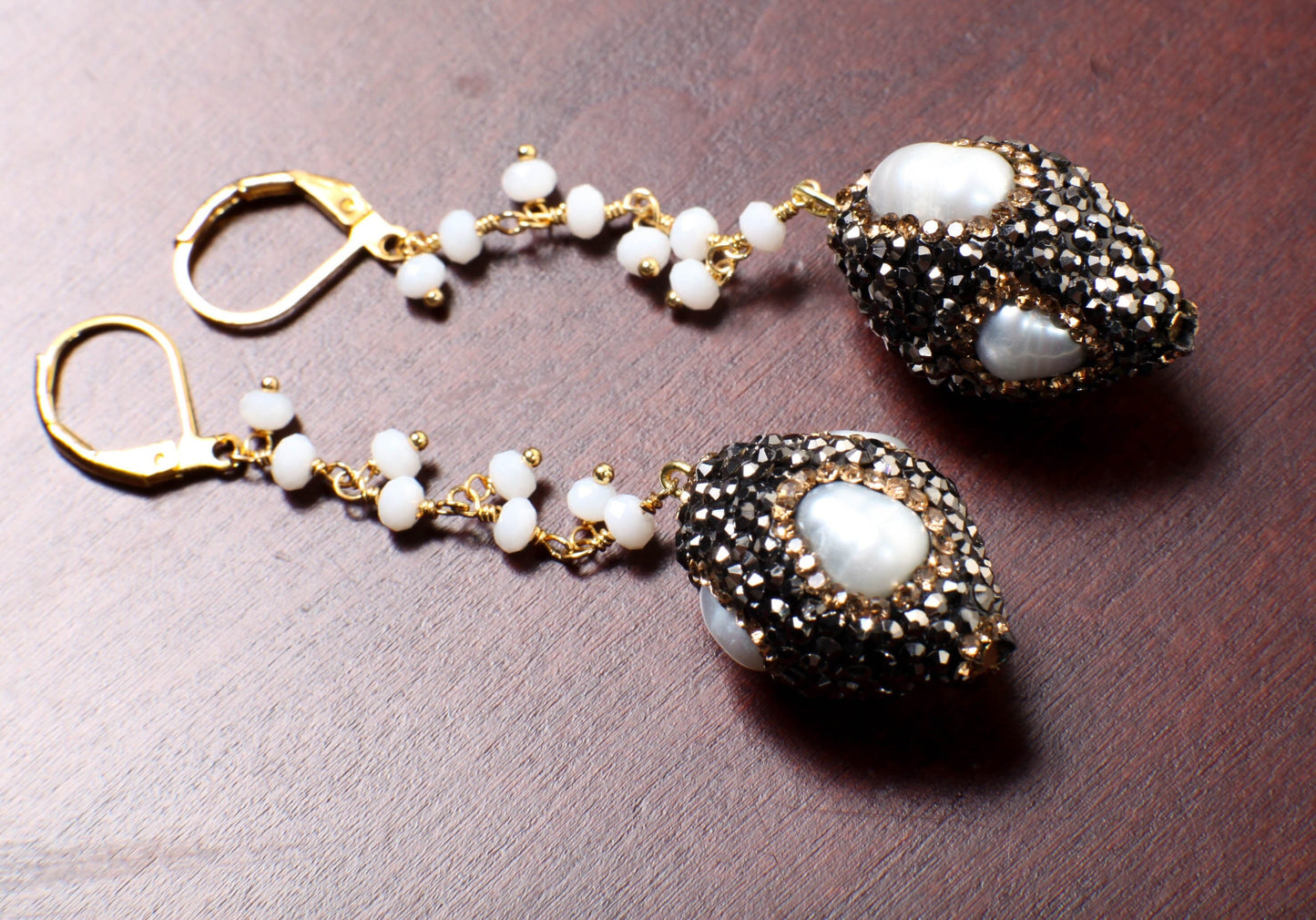 Genuine Freshwater Baroque Pearl, Rhinestone Crystal Inlaid Pave with Dangling Wire Wrapped Crystal Beaded Leverback Earrings Gift For Her