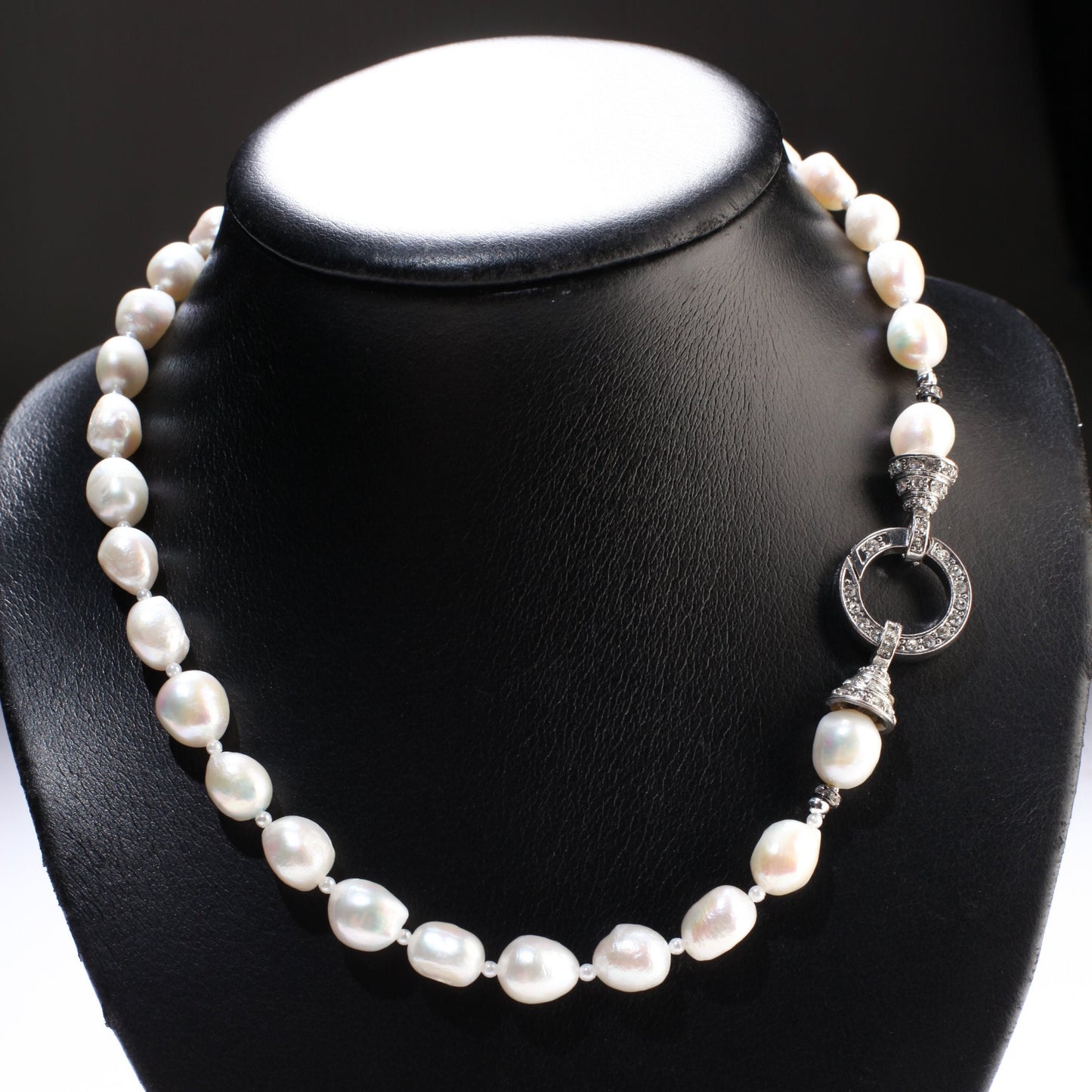 Genuine Freshwater Baroque pearl ,tiny pearl Spacers, Large 28mm Flame ball baroque pearl Detachable Pendant, Carabiner CZ Clasp 18"necklace