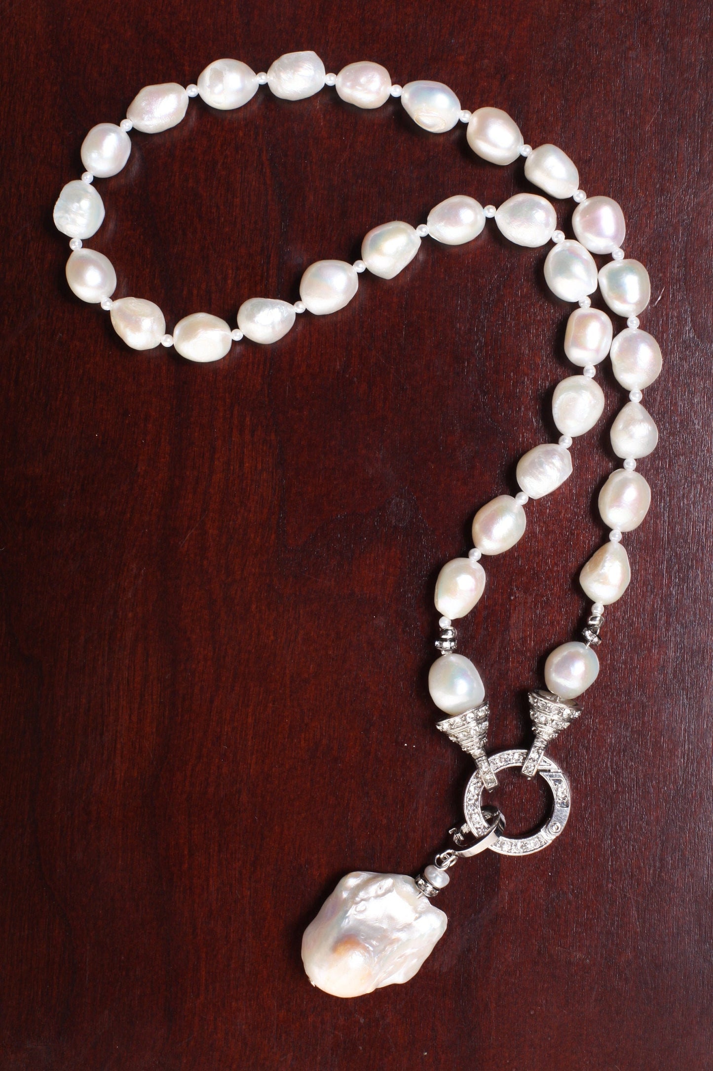 Genuine Freshwater Baroque pearl ,tiny pearl Spacers, Large 28mm Flame ball baroque pearl Detachable Pendant, Carabiner CZ Clasp 18"necklace