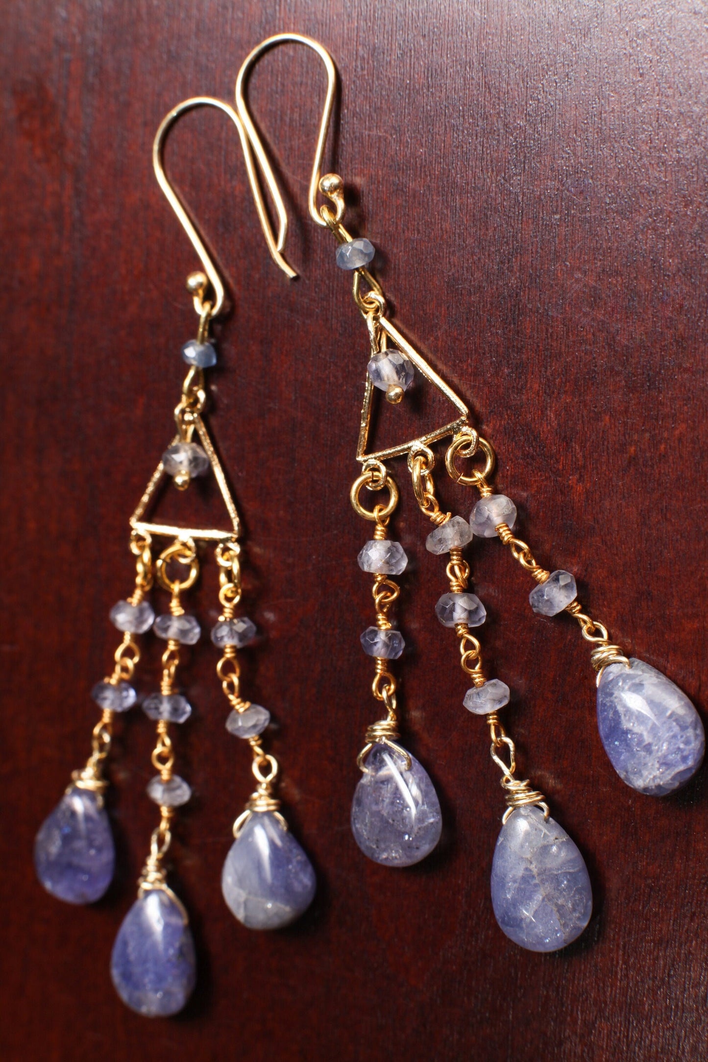 Tanzanite Chandelier Dangling Teardrop 8x12mm Earrings in Gold Vermeil Over 925 Sterling Silver Hook Earwire
