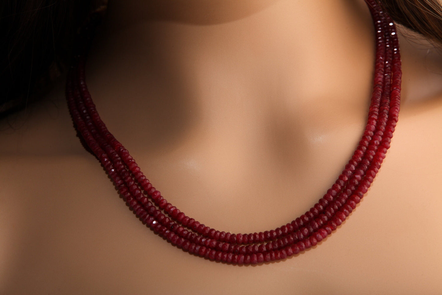 AAA Natural Ruby Gemstones 4-4.5mm Multi Strand, 3 Line Layer Gemstone Rondelle Necklace 15.5" Plus 9" Adjustable Thread. 270Ct