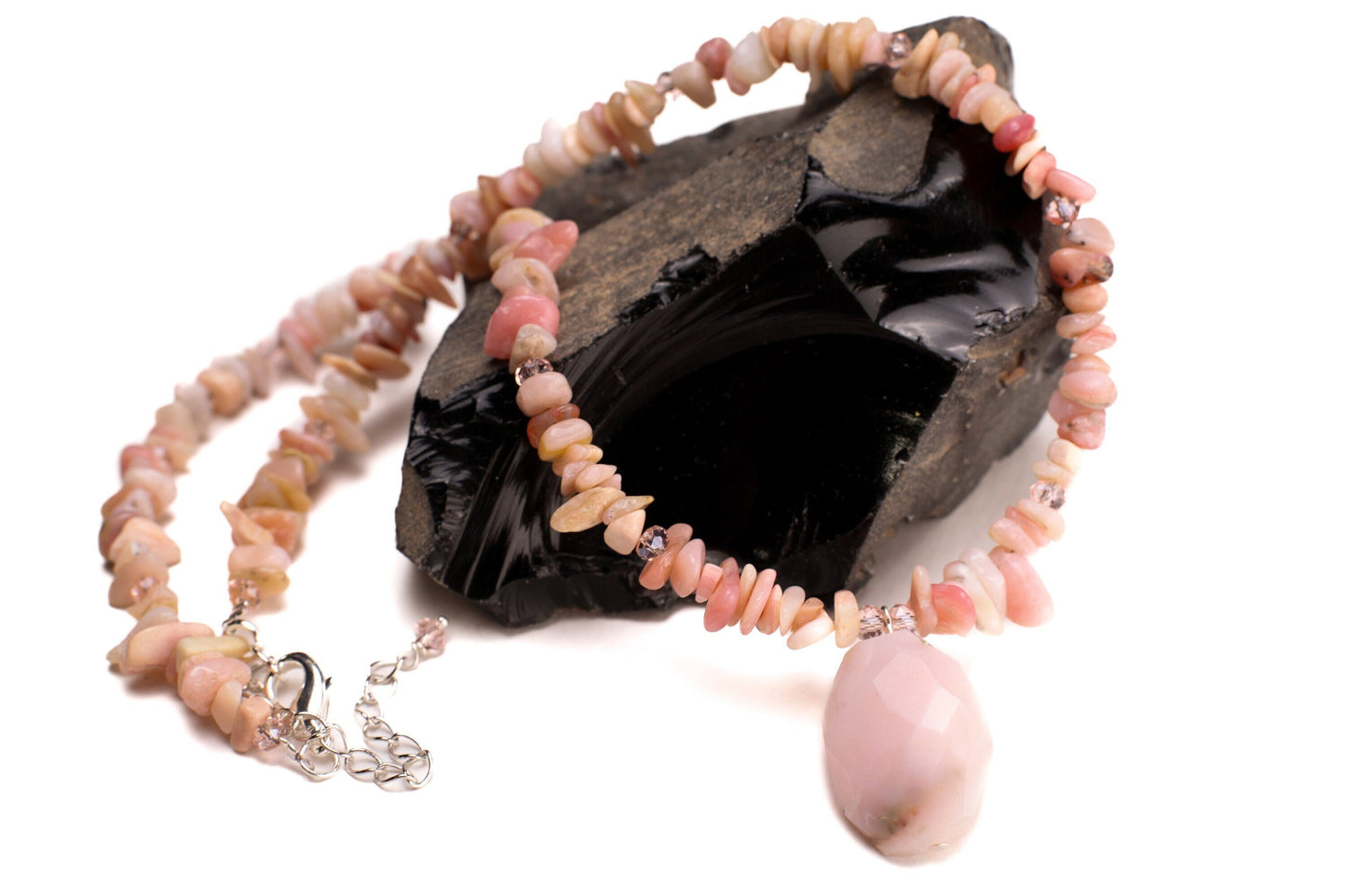 Pink Peruvian Opal Raw Chips Gemstone with Free Form pink peru opal Faceted Pendant in 19" Necklace and 2" Extension Chain.