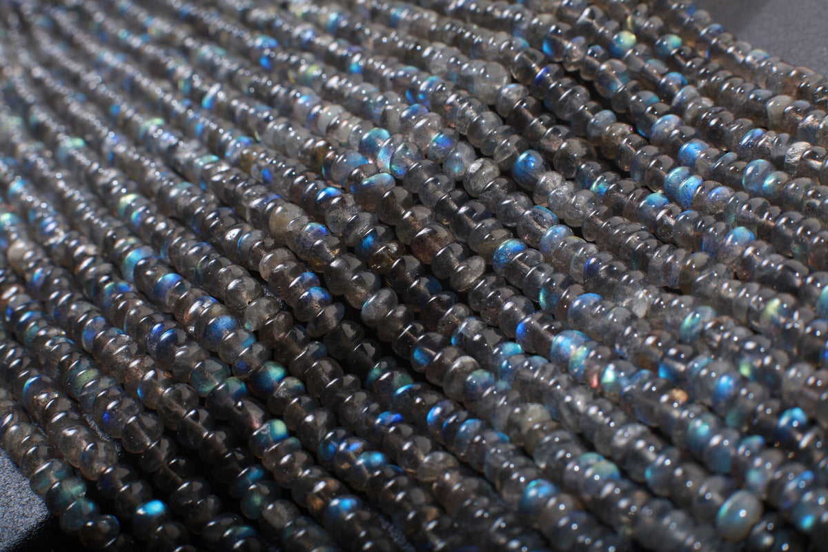 Natural Labradorite Blue Flash AAA Quality 4-5mm Smooth Rondelle For Jewelry Making, Necklace, Bracelet, DIY, Healing Gemstones 8" Strand