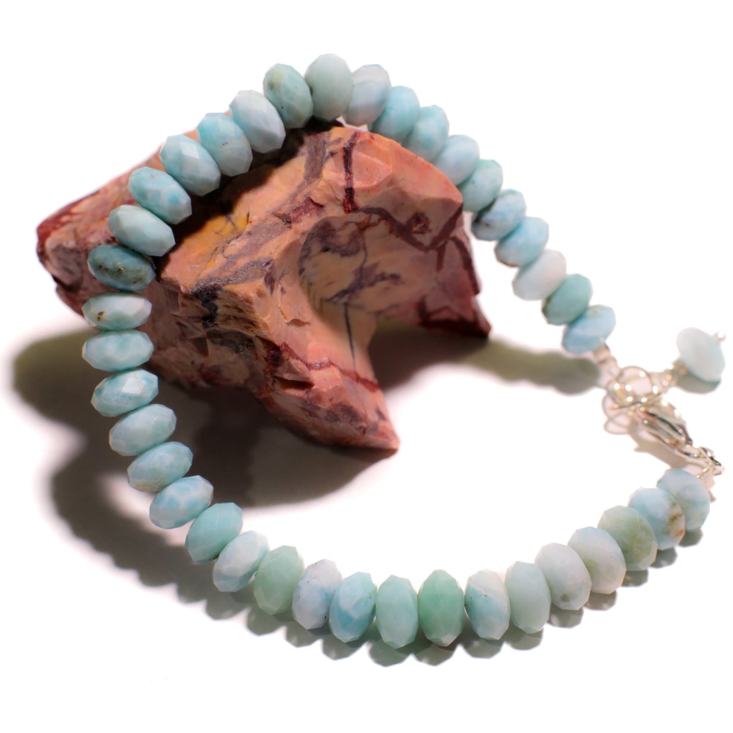 Genuine Larimar Gemstone 7.5-8mm faceted AAA Roundel 925 Sterling silver Bracelet , healing gemstone beads, high Quality Gift
