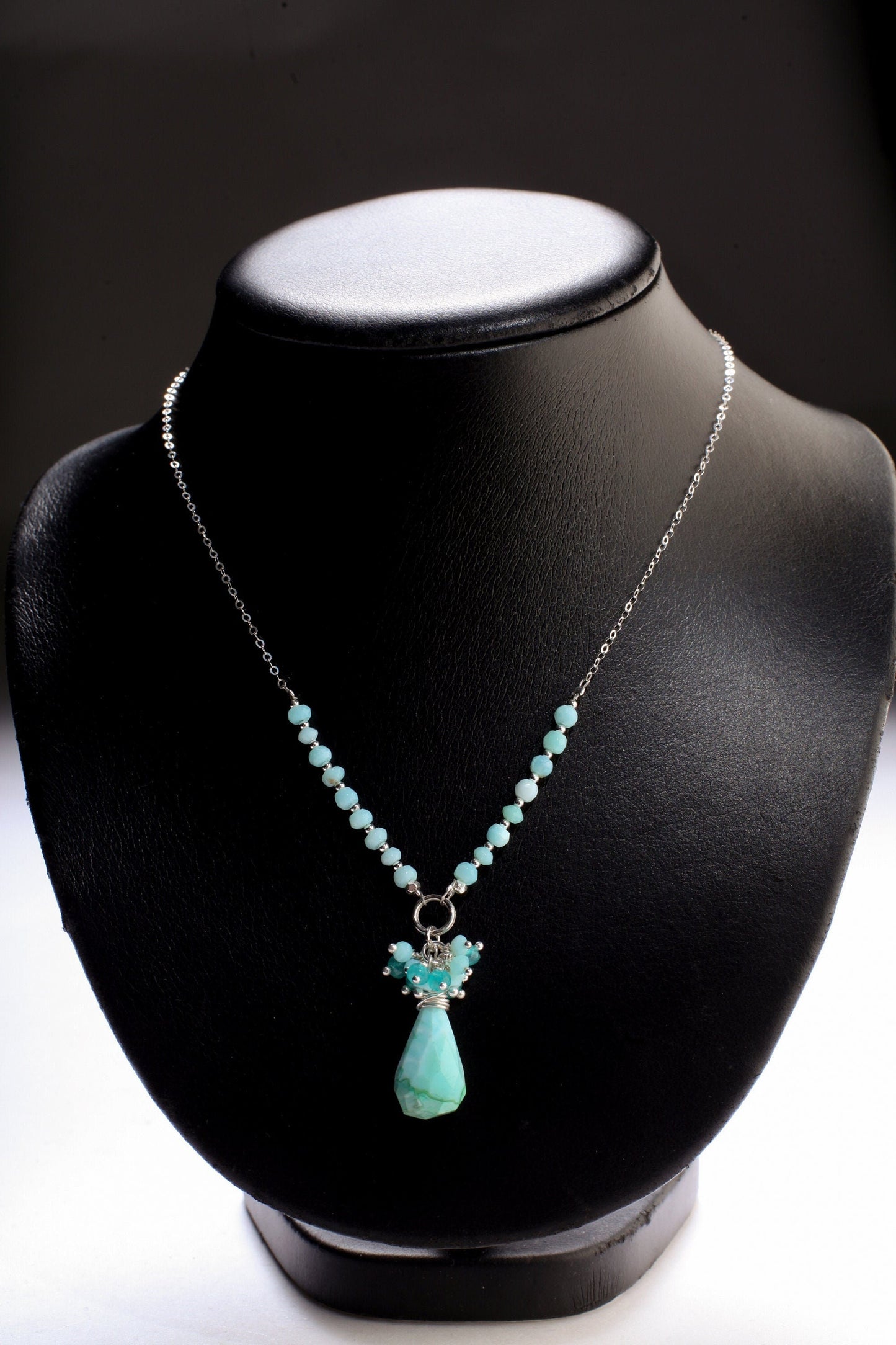 Blue Peruvian Opal Briolette Drop in Sterling Silver Wire Wrapped, Blue Opal,Apatite Clusters in Sterling Silver Opal Rosary Chain 22" long