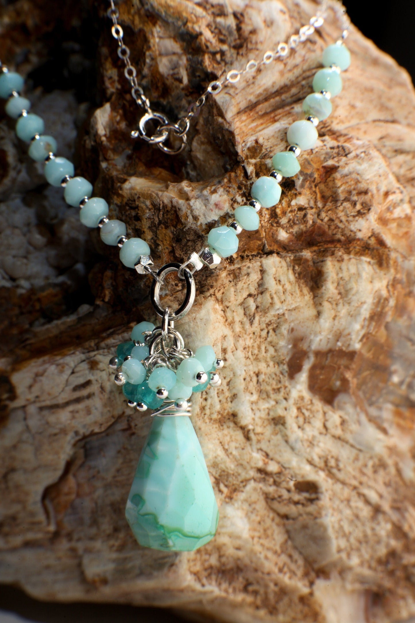 Blue Peruvian Opal Briolette Drop in Sterling Silver Wire Wrapped, Blue Opal,Apatite Clusters in Sterling Silver Opal Rosary Chain 22" long