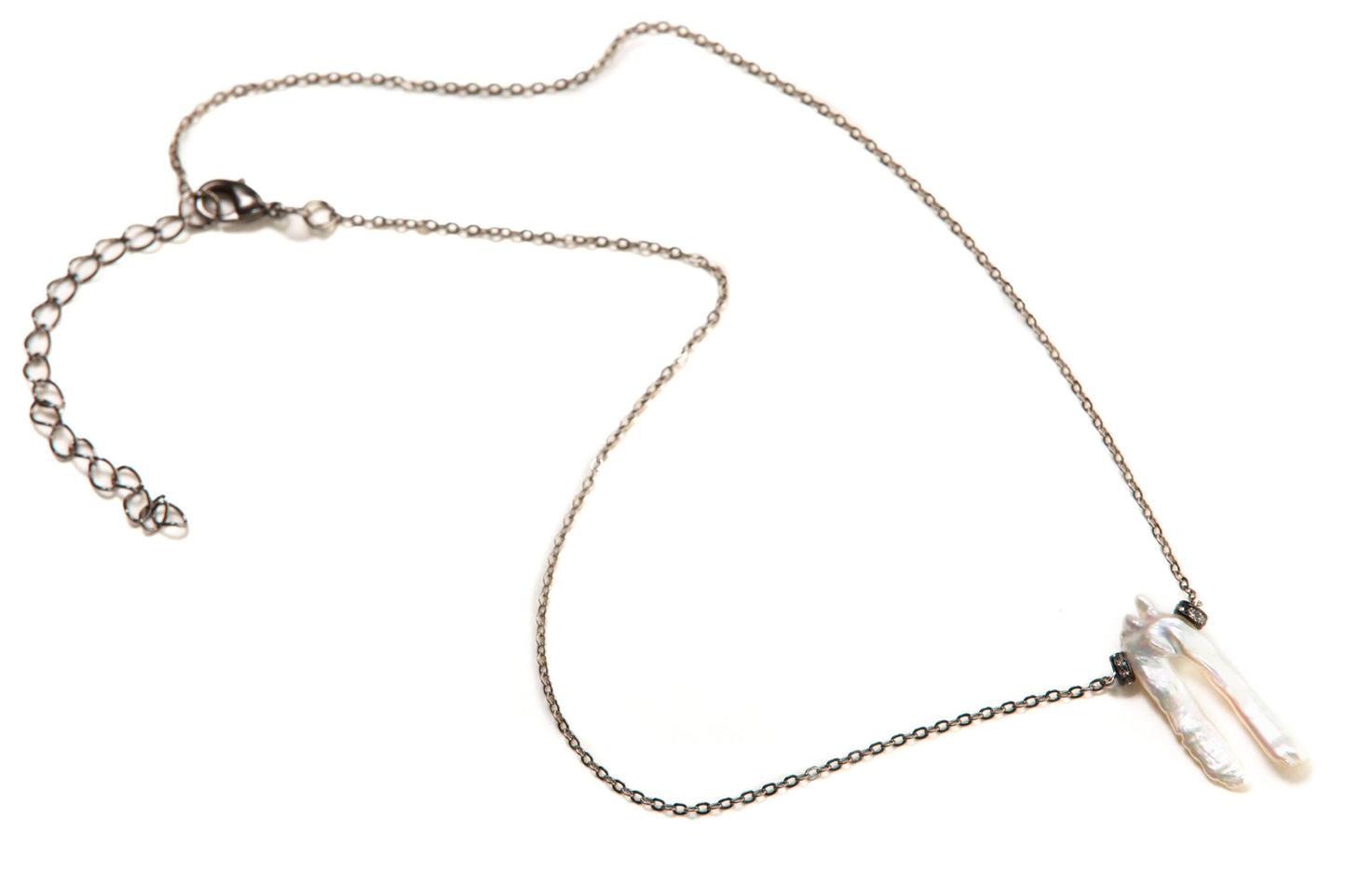 Natural Fresh Water Biwa Stick Pearl and Rhinestone Diamond Pendant, Black Oxidized Silver Chain, Extendable Chain Necklace