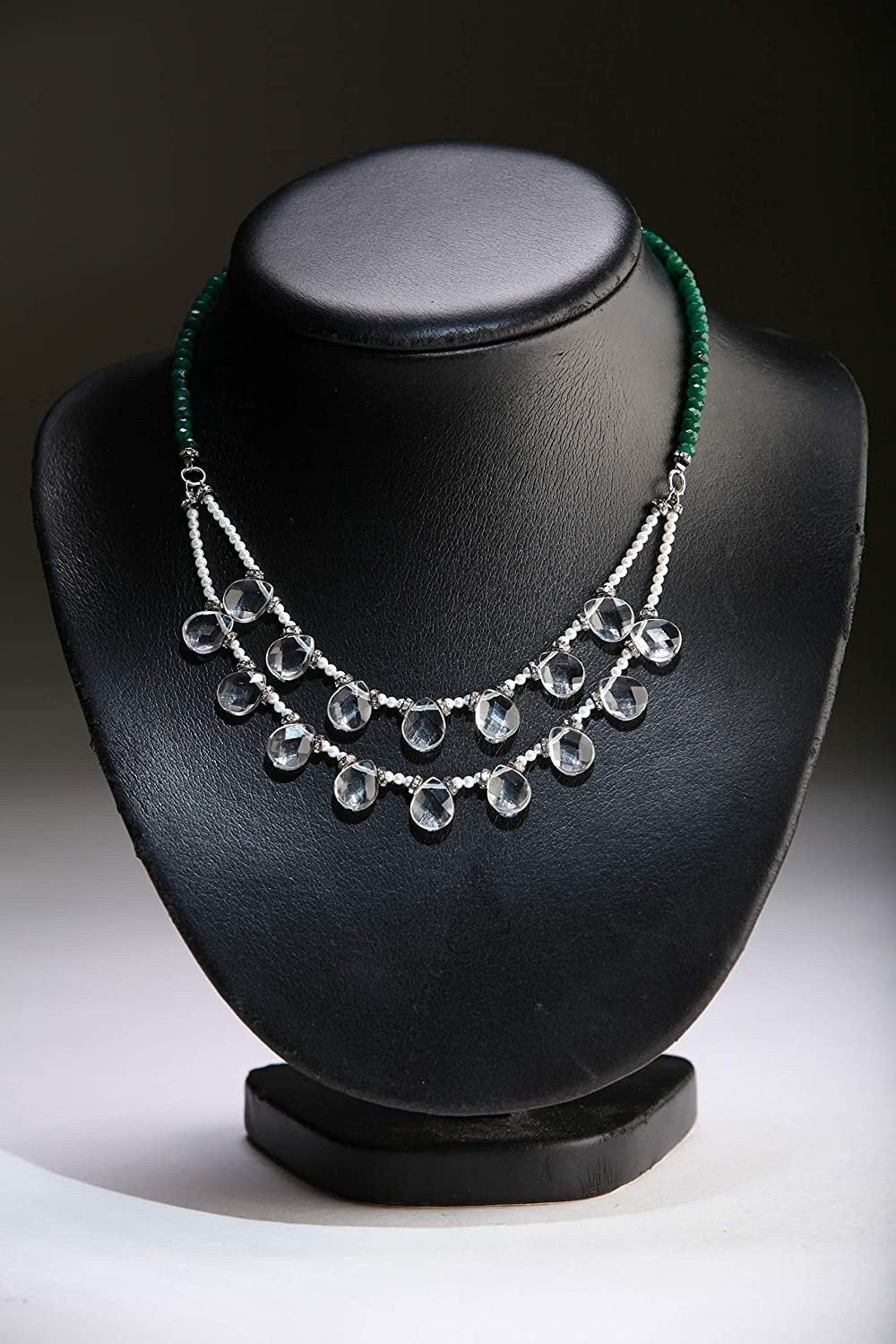 Natural Rock Crystal Quartz Pear Drop 7x9mm 2 Strands Necklace with Tiny fresh water pearl and Green Jade, boho , bib , gift