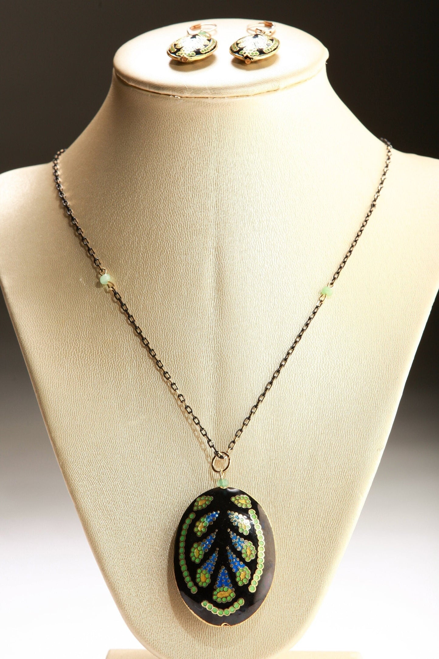 Traditional Cloisonné Pendant Vintage Floral Flowers Focal with Gold Plated Beaded Chain Necklace 23" and matching Leverback Earrings set