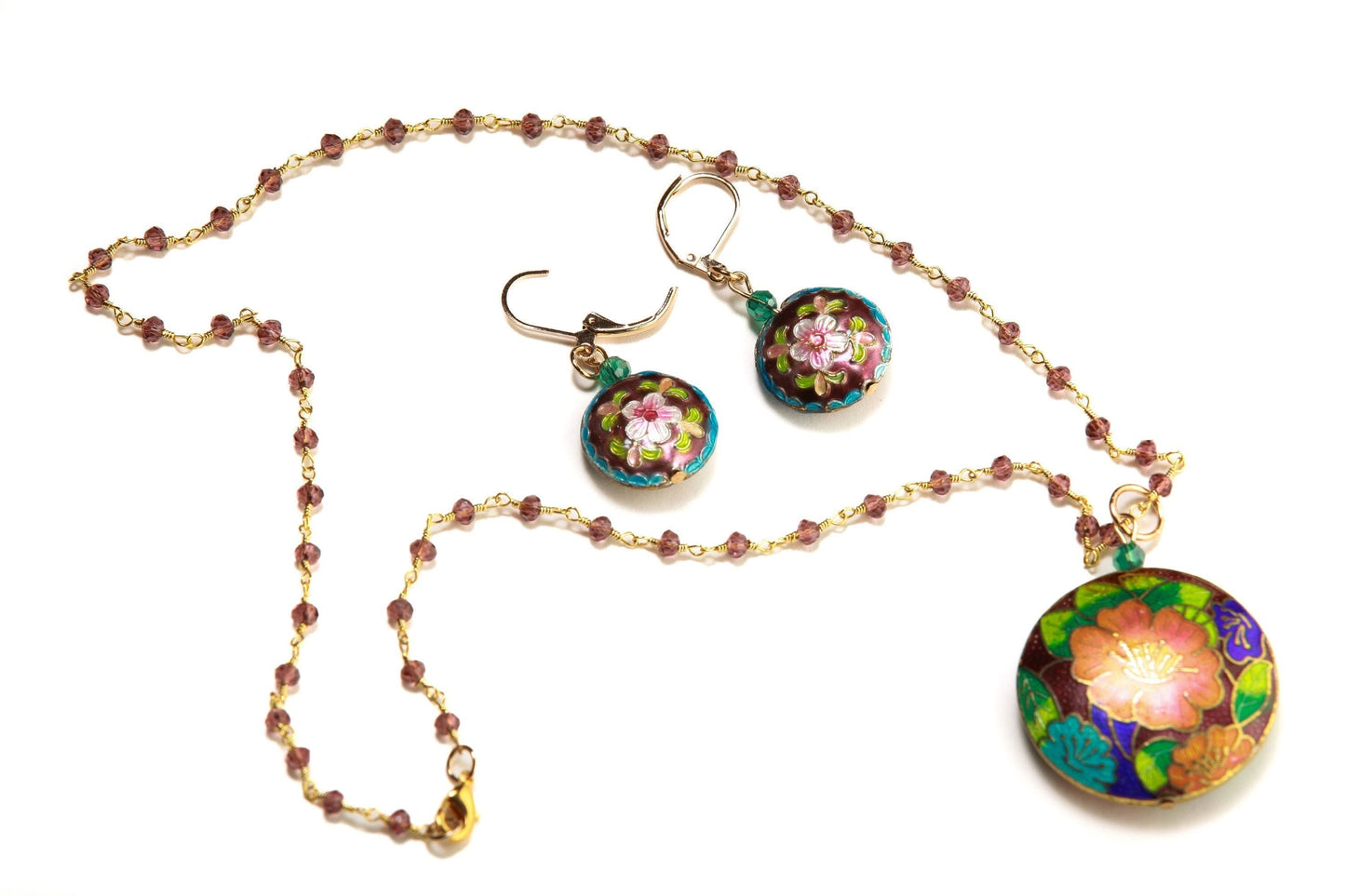 Traditional Cloisonné Pendant Vintage Floral Flowers Focal with Gold Plated Beaded Chain Necklace 20" and matching Leverback Earrings set