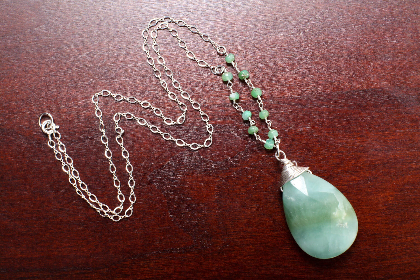 Natural Amazonite Faceted Pear Drop Briolette Sterling Silver Wire Wrapped Charm in 925 Sterling Silver Amazonite Rosary Figure 8 Chain 18"