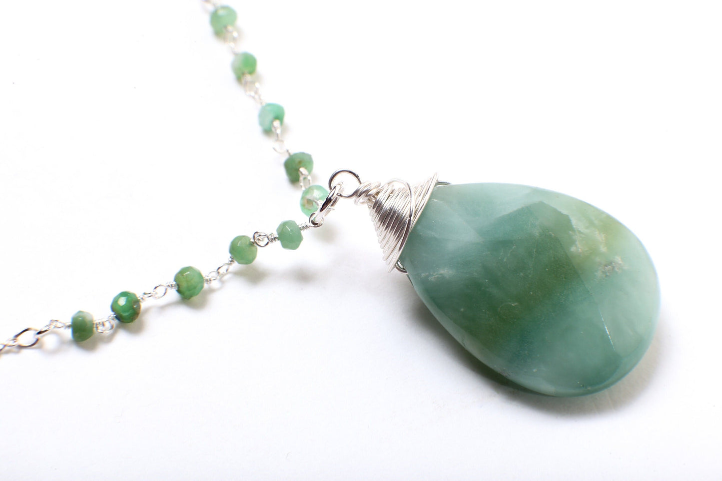 Natural Amazonite Faceted Pear Drop Briolette Sterling Silver Wire Wrapped Charm in 925 Sterling Silver Amazonite Rosary Figure 8 Chain 18"