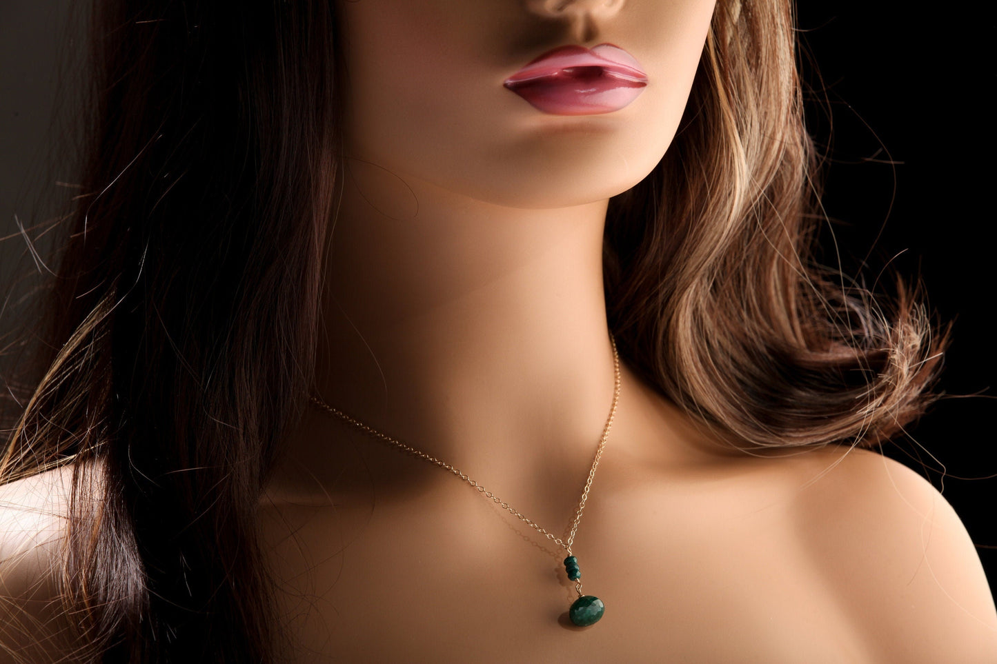 Genuine Emerald Onion Drop Briolette Wire Wrapped Faceted 8x11mm Teardrop Charm, 4mm Emerald Rondelle in 14K Gold Filled Chain and Clasp