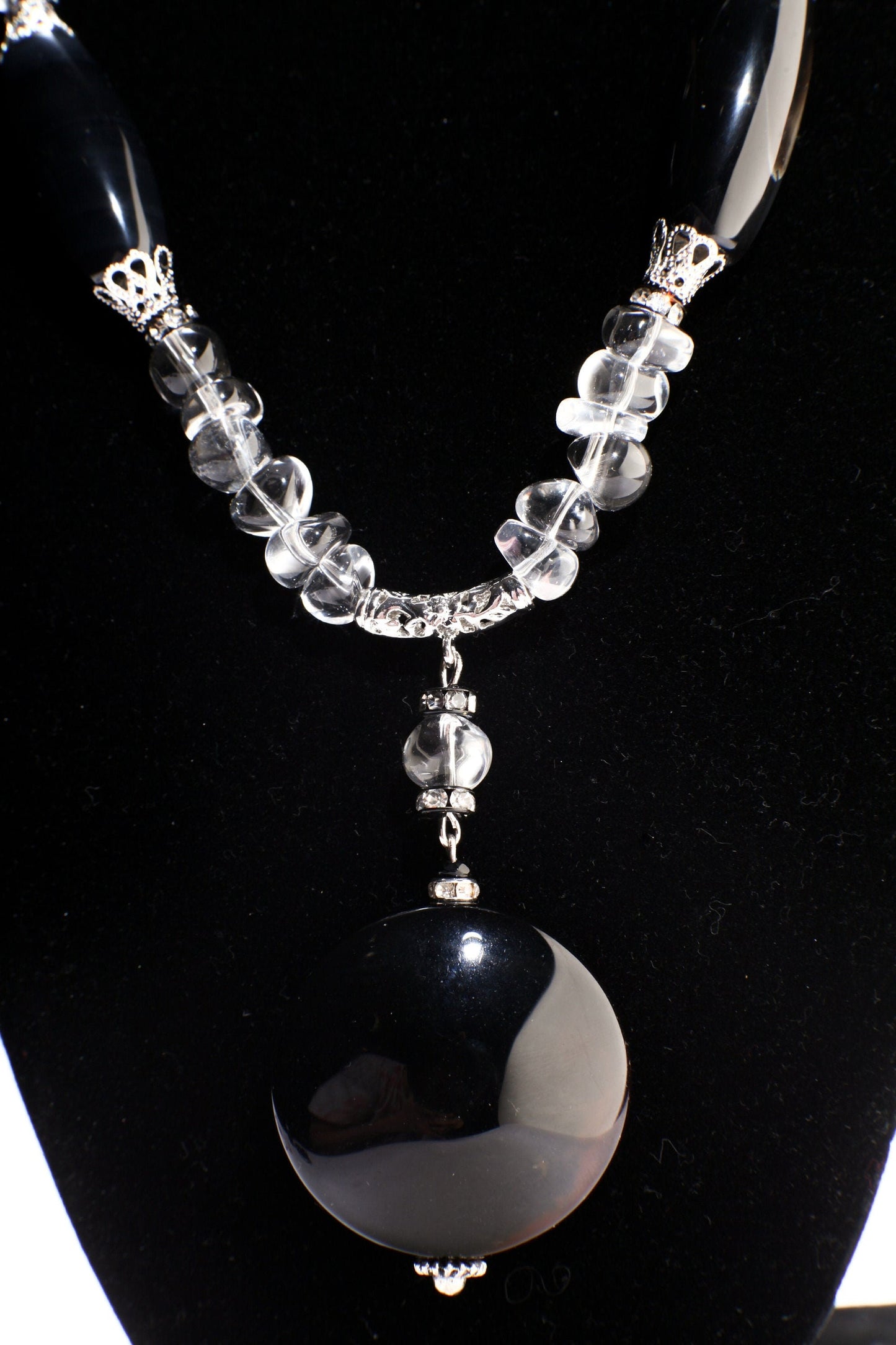 Natural Rock crystal tumble nugget,Black Agate 38mm Disk Pendant,Black Agate 14x34mm Long Oval Barrel Necklace 21" with 2" Extension,healing