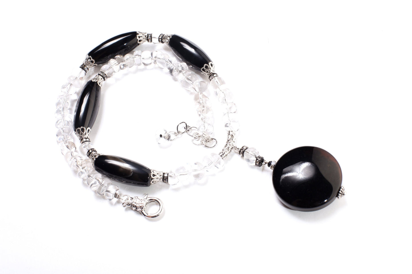 Natural Rock crystal tumble nugget,Black Agate 38mm Disk Pendant,Black Agate 14x34mm Long Oval Barrel Necklace 21" with 2" Extension,healing