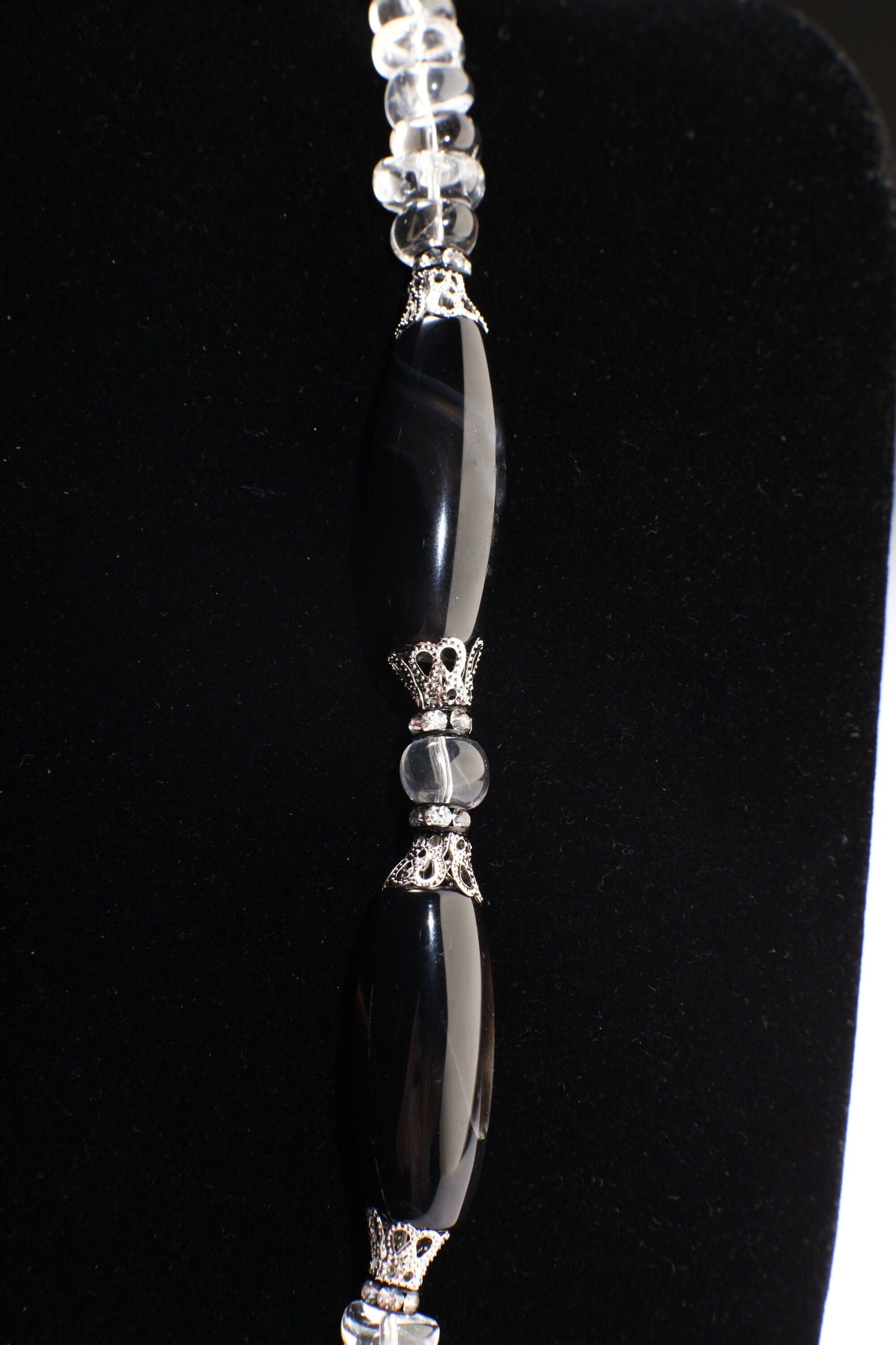 Natural Rock crystal tumble nugget,Black Agate 38mm Disk Pendant,Black Agate 14x34mm Long Oval Barrel Necklace 21" with 2" Extension,healing
