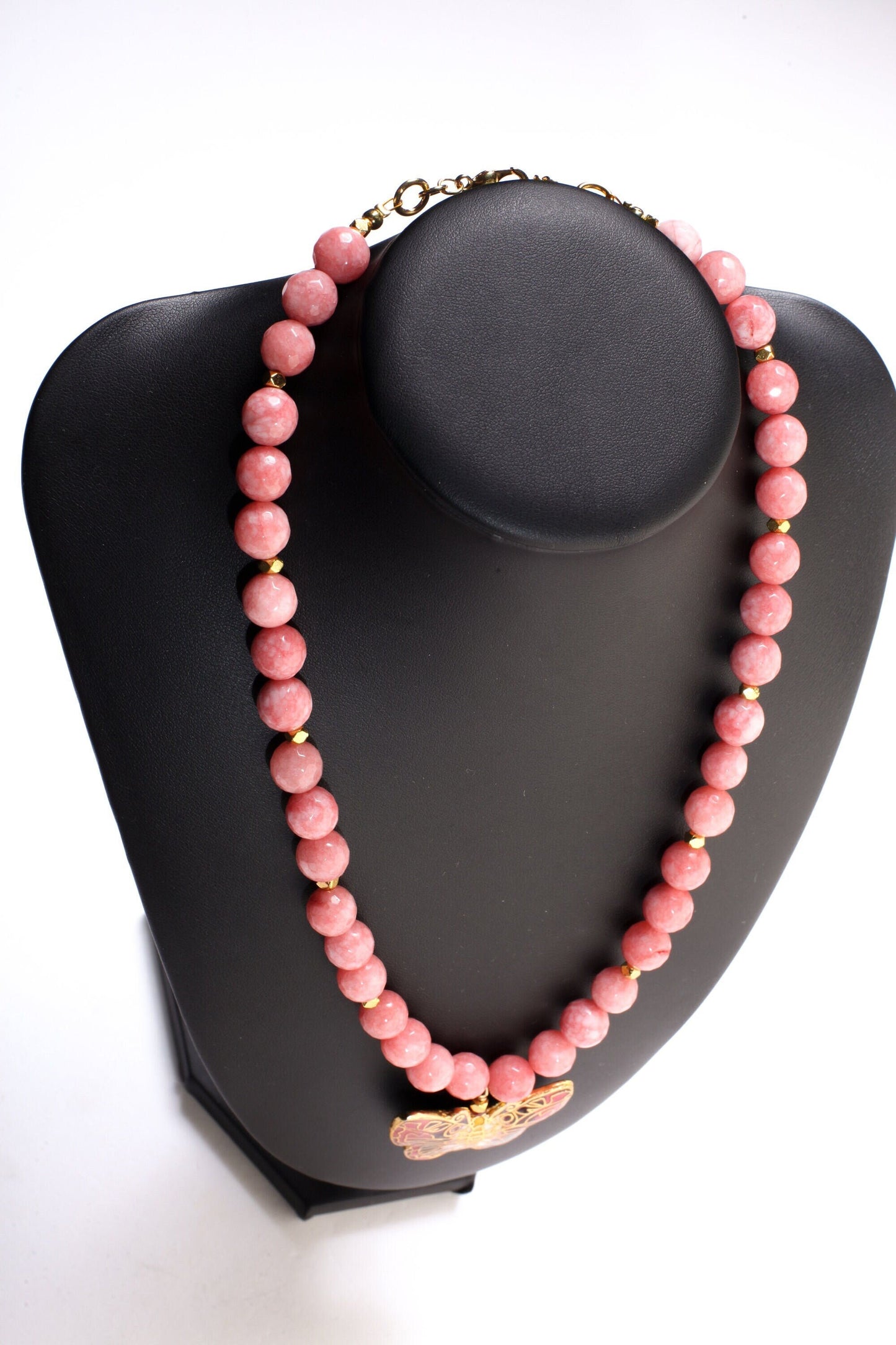 Traditional Cloisonné Pendant Double Sided Vintage Butterfly Focal with Salmon Pink Jade Faceted Round 10mm 17.5" Necklace with 2"Extension