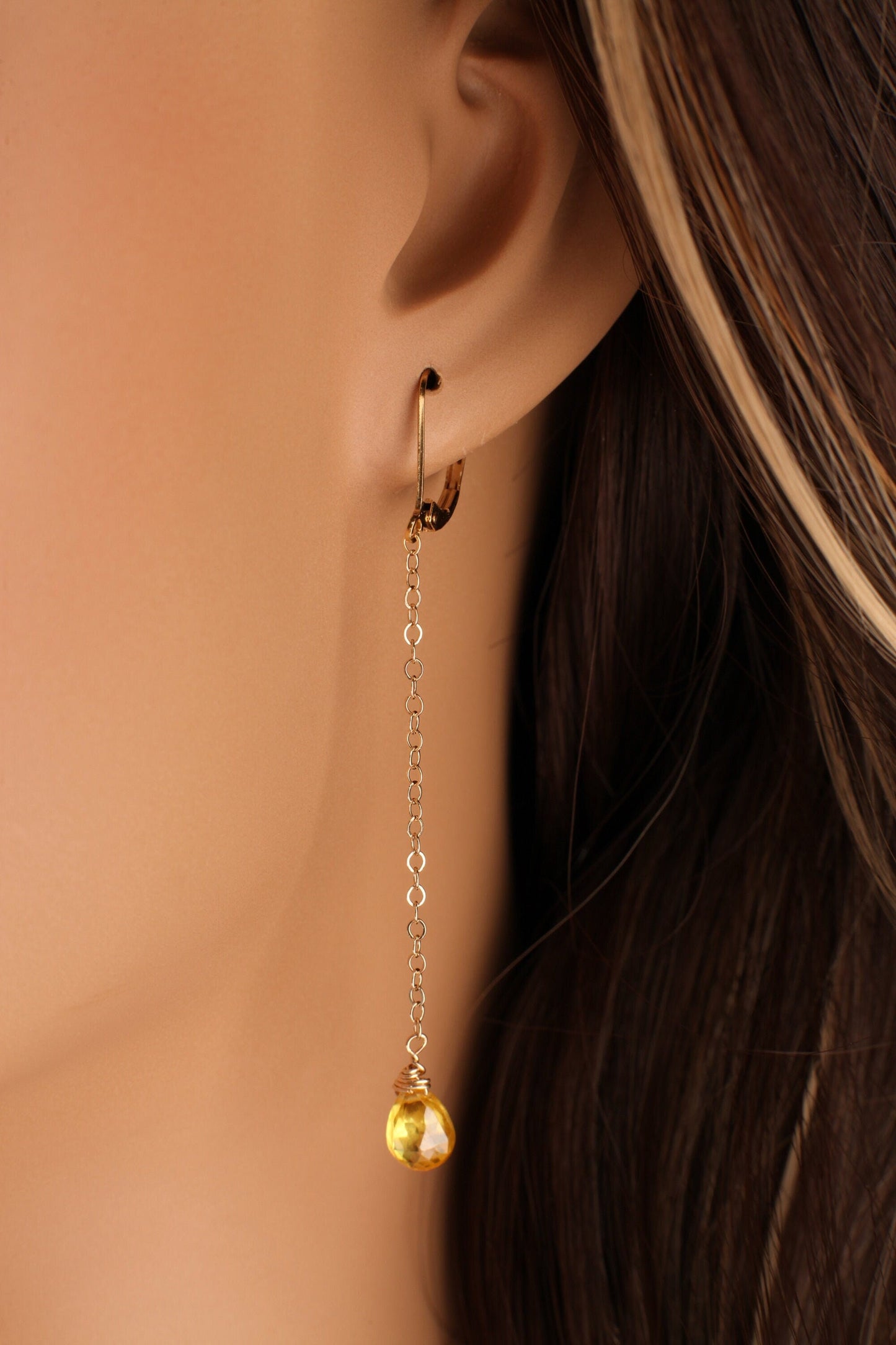 Yellow Citrine 6x9mm Wire Wrapped Teardrop Briolette with 14K Gold Filled Chain and Leverback Earrings, Gemstone Handmade Gift for Her
