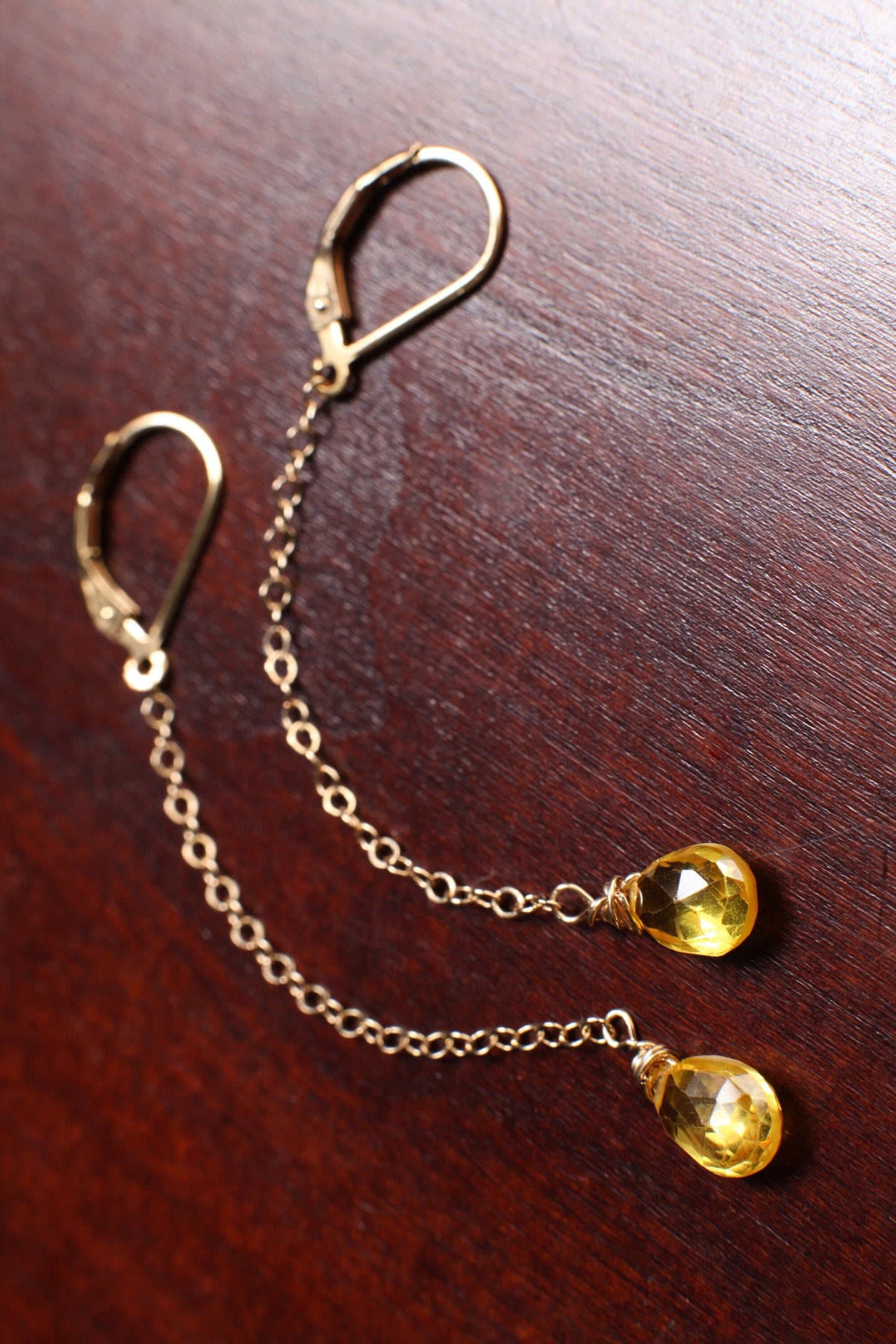 Yellow Citrine 6x9mm Wire Wrapped Teardrop Briolette with 14K Gold Filled Chain and Leverback Earrings, Gemstone Handmade Gift for Her