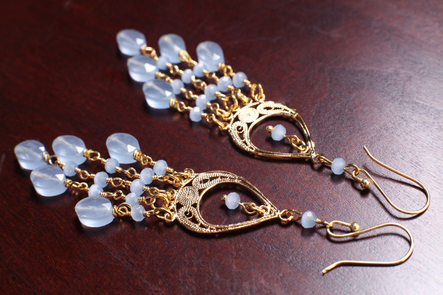 Blue Chalcedony Faceted Oval 6x8mm Handmade Chandelier Wire Wrapped Dangling Earrings in Gold Vermeil Over 925 Sterling Silver Earwire