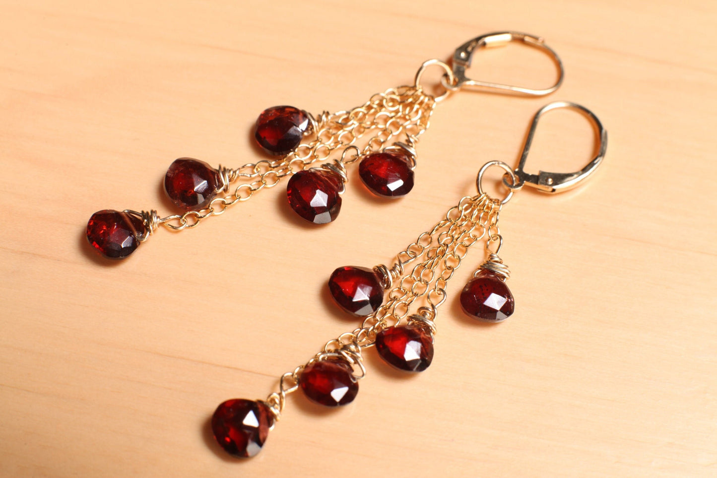 Genuine Mozambique Garnet Faceted heart earrings,Merlot Red Teardrop cascade Dangling Wire Wrap 14K Gold Filled chain& Leverback Earring