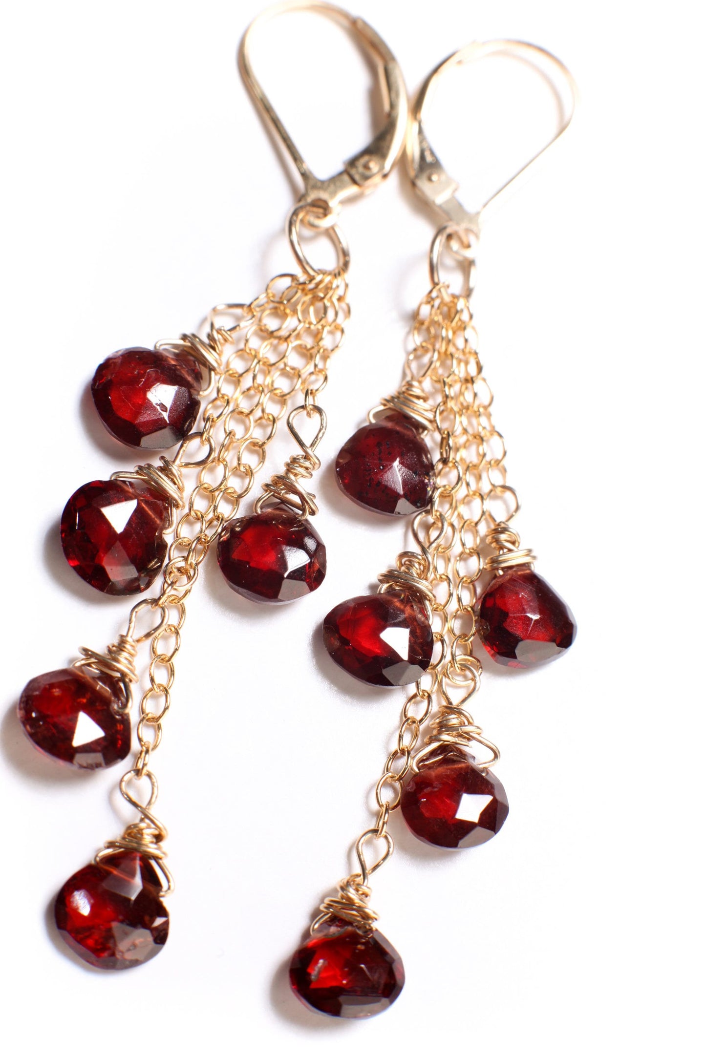 Genuine Mozambique Garnet Faceted heart earrings,Merlot Red Teardrop cascade Dangling Wire Wrap 14K Gold Filled chain& Leverback Earring