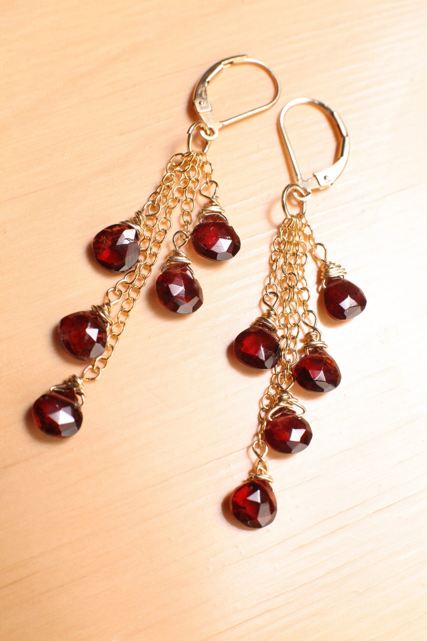 Genuine Mozambique Garnet Faceted heart earrings,Merlot Red Teardrop cascade Dangling Wire Wrap 14K Gold Filled chain& Leverback Earring