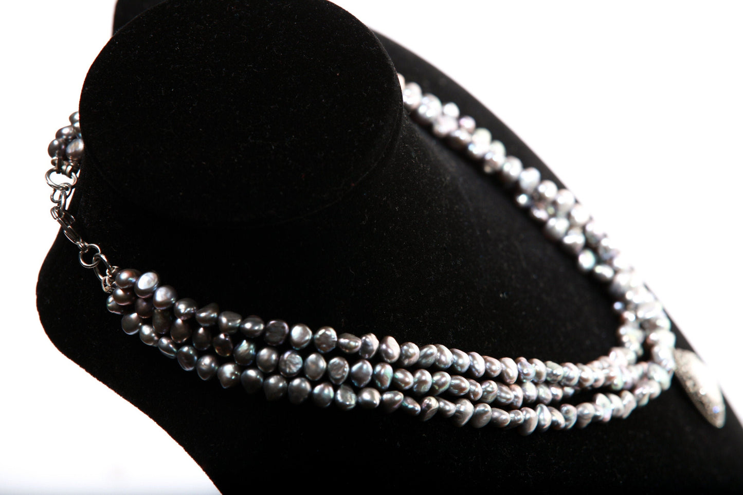 Natural Freshwater Gray Pearl High Luster Triple Strand Necklace, Freshwater 12mm Coin Pearl & Rhinestone Inlaid Pendant, 17"+2" Extender