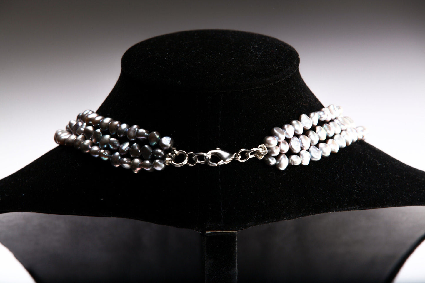 Natural Freshwater Gray Pearl High Luster Triple Strand Necklace, Freshwater 12mm Coin Pearl & Rhinestone Inlaid Pendant, 17"+2" Extender