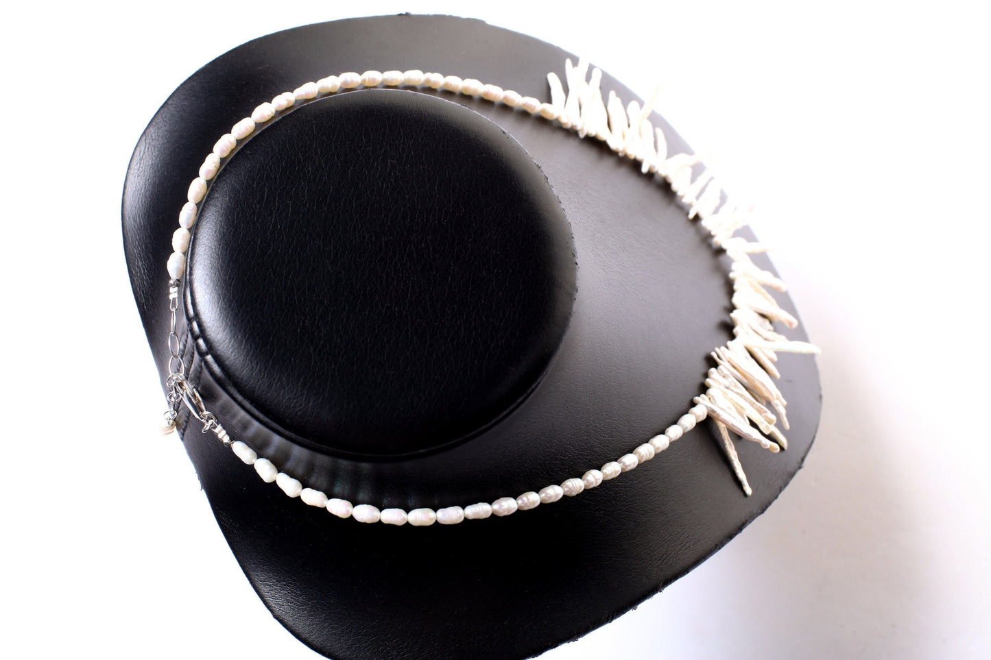 Natural Japanese Fresh Water Biwa Stick Pearl and Potato Pearl Necklace in 925 Sterling Silver Lobster Clasp,pic shown 19" with 2" Extension