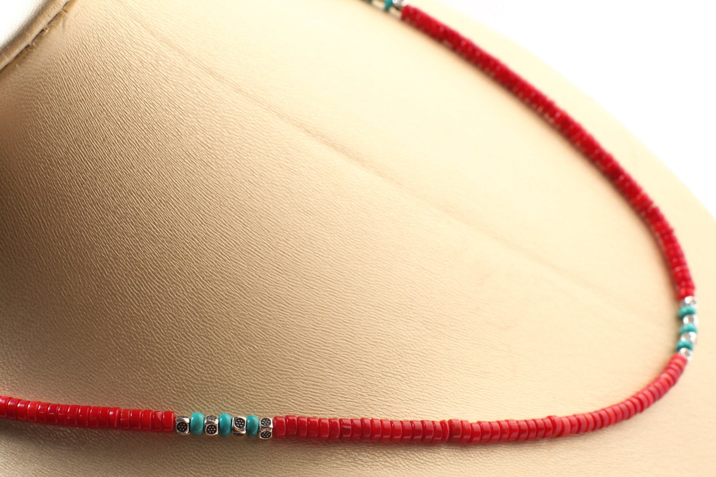 Genuine AAA Red Bamboo 4mm Coral Heishe and Turquoise 4mm Rondelle Spacers Silver Necklace, Coral heishi Necklace16"- 30" for Man and Woman.