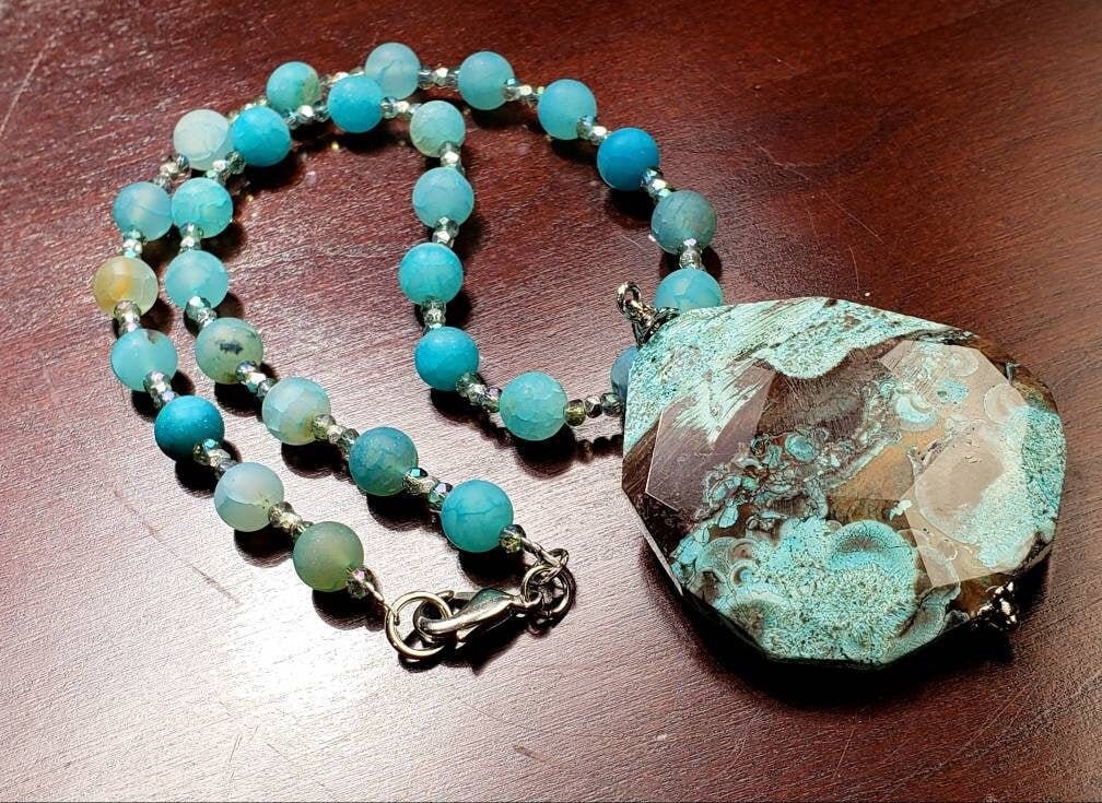 Ocean Jasper large pendant with matte fire agate natural gemstone handmade necklace 18" plus 2" extension to 20". Gift
