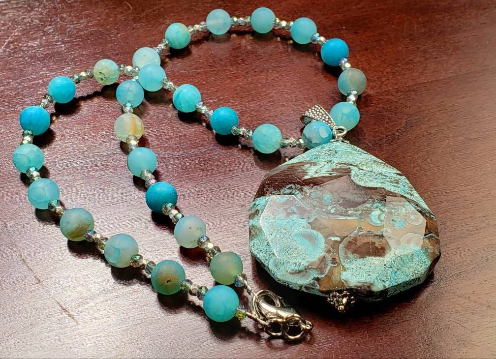Ocean Jasper large pendant with matte fire agate natural gemstone handmade necklace 18" plus 2" extension to 20". Gift