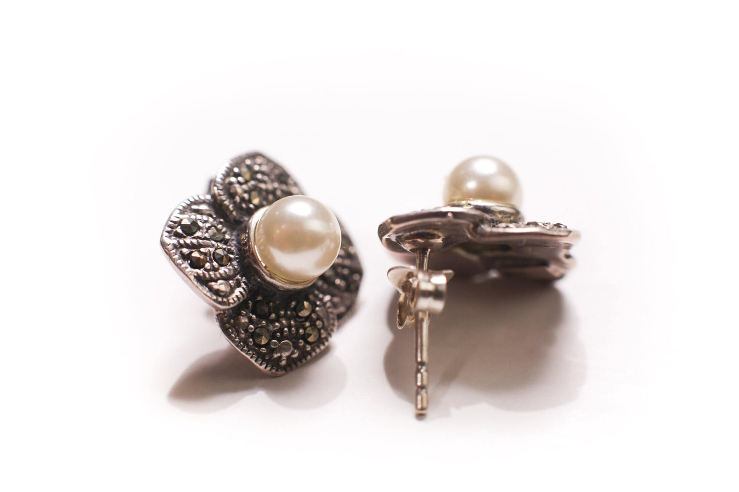 925 Sterling Silver Marcasite with Pearl 15mm Flower Post Earrings and Sterling Silver Box Chain 16" Necklace Jewelry Set