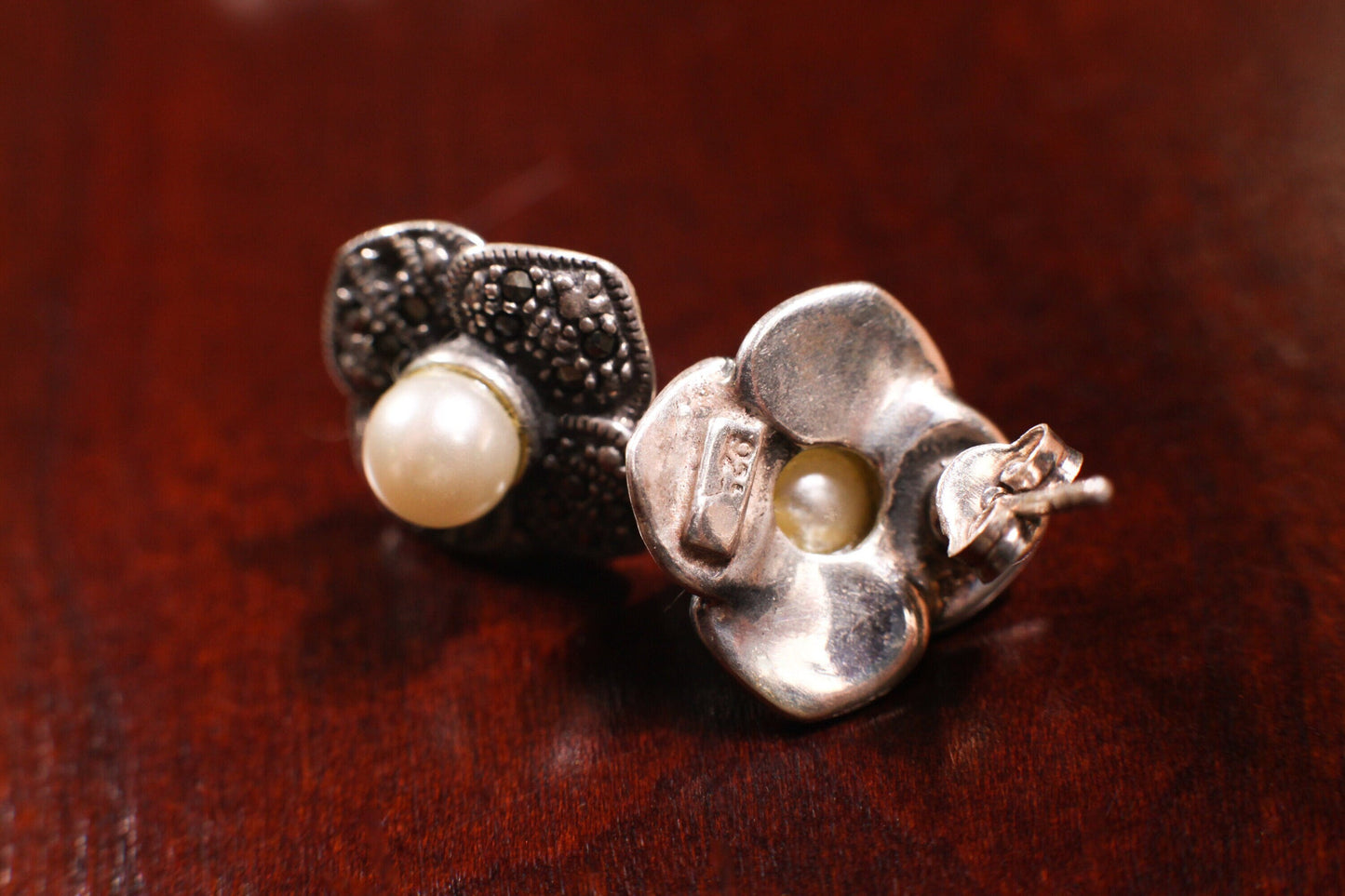925 Sterling Silver Marcasite with Pearl 15mm Flower Post Earrings and Sterling Silver Box Chain 16" Necklace Jewelry Set