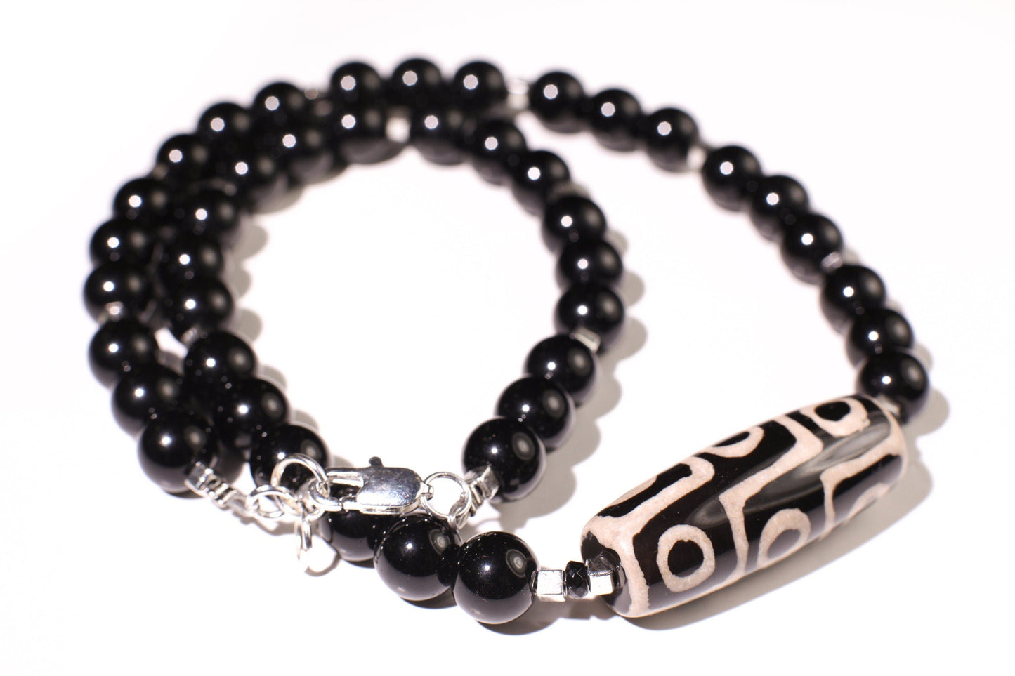 Black Onyx 10mm round bead with Tibetan Evil Eye Agate 16x40mm Puffed Oval center piece Necklace, protection , Man and Woman gift