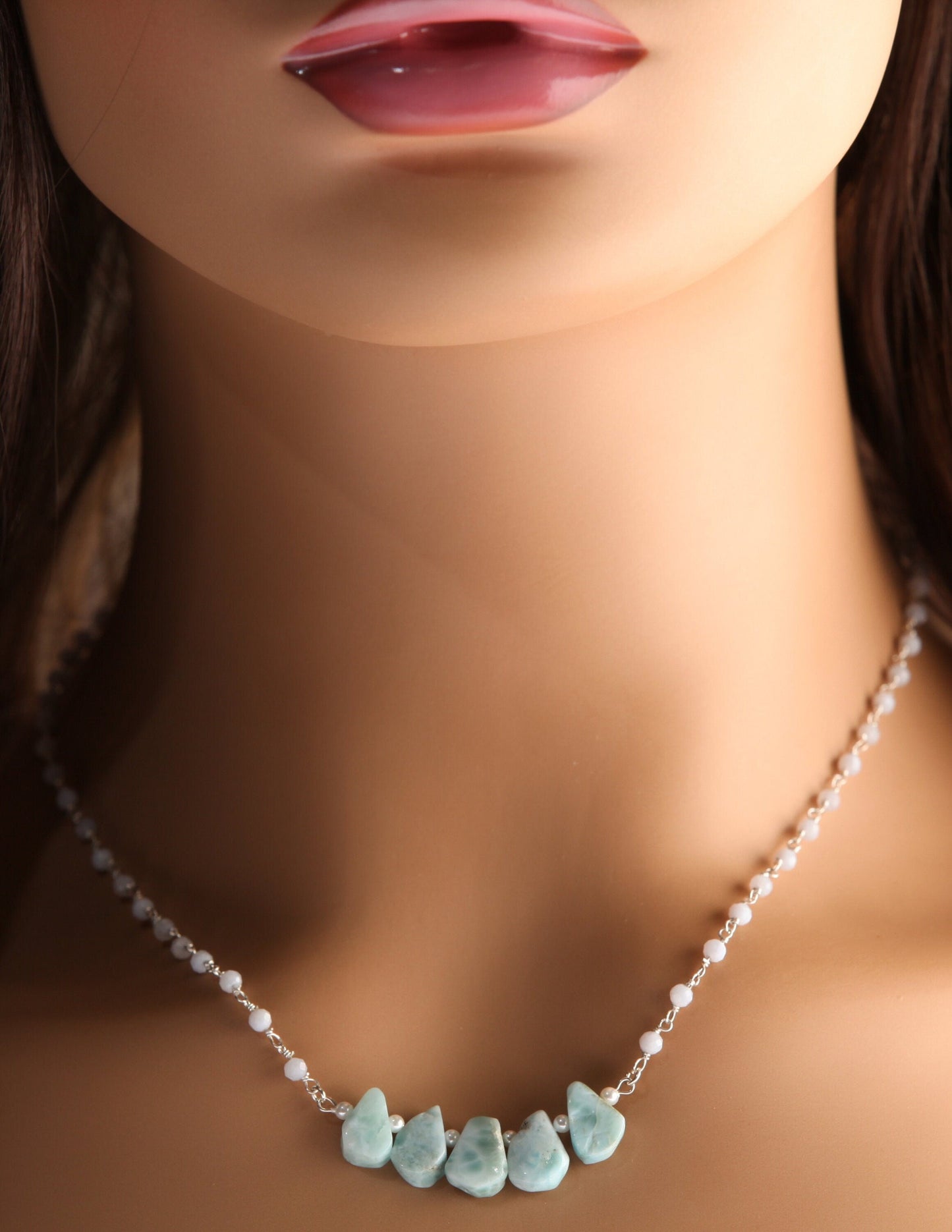 Natural Larimar Raw Free Form Teardrop Necklace with Blue Lace Agate Gemstone Chain and 925 Sterling Silver Clasp 19"Handmade Necklace