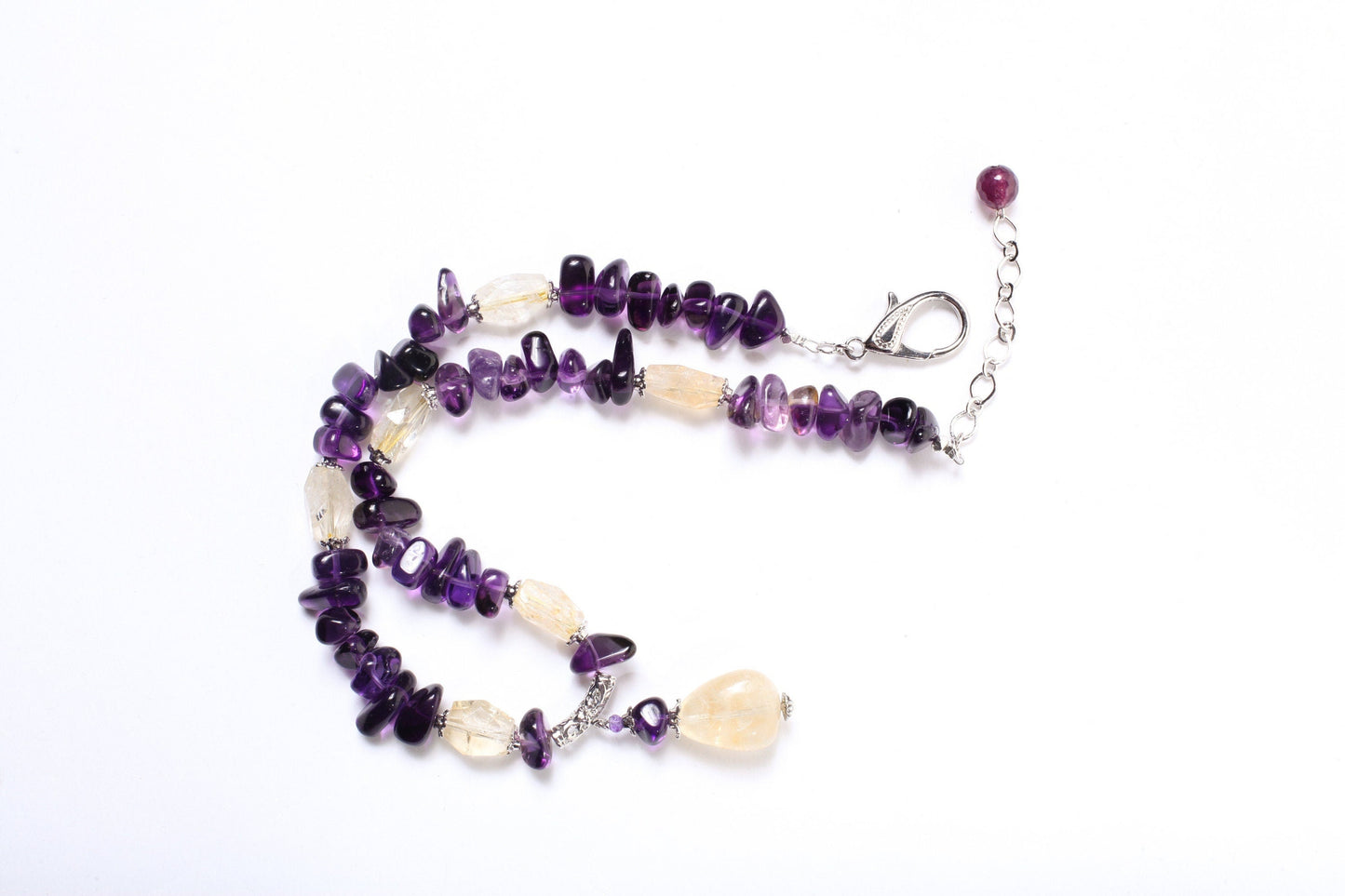 Natural Amythest and Citrine Free Form Tumbled bead Necklace, Citrine Pebble Pendant Necklace, Natural Healing Gemstone 18.5" plus 2.5"exten