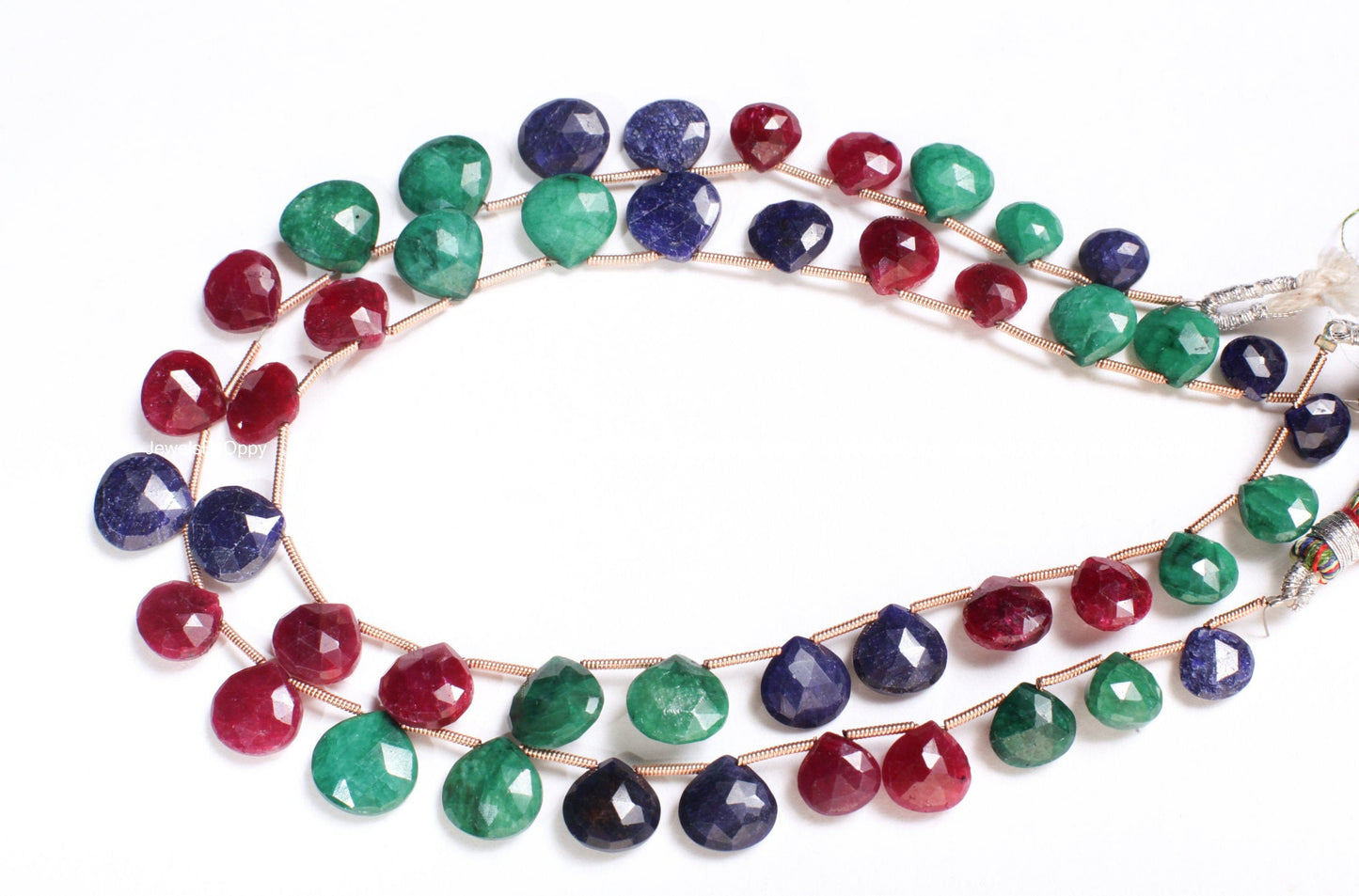 Ruby Sapphire Emerald Heart Briolette Drop,Genuine Graduated Ruby , Sapphire,Emerald Green Faceted Teardrop 8-11mm Gemstone, 12, 24 pcs mix