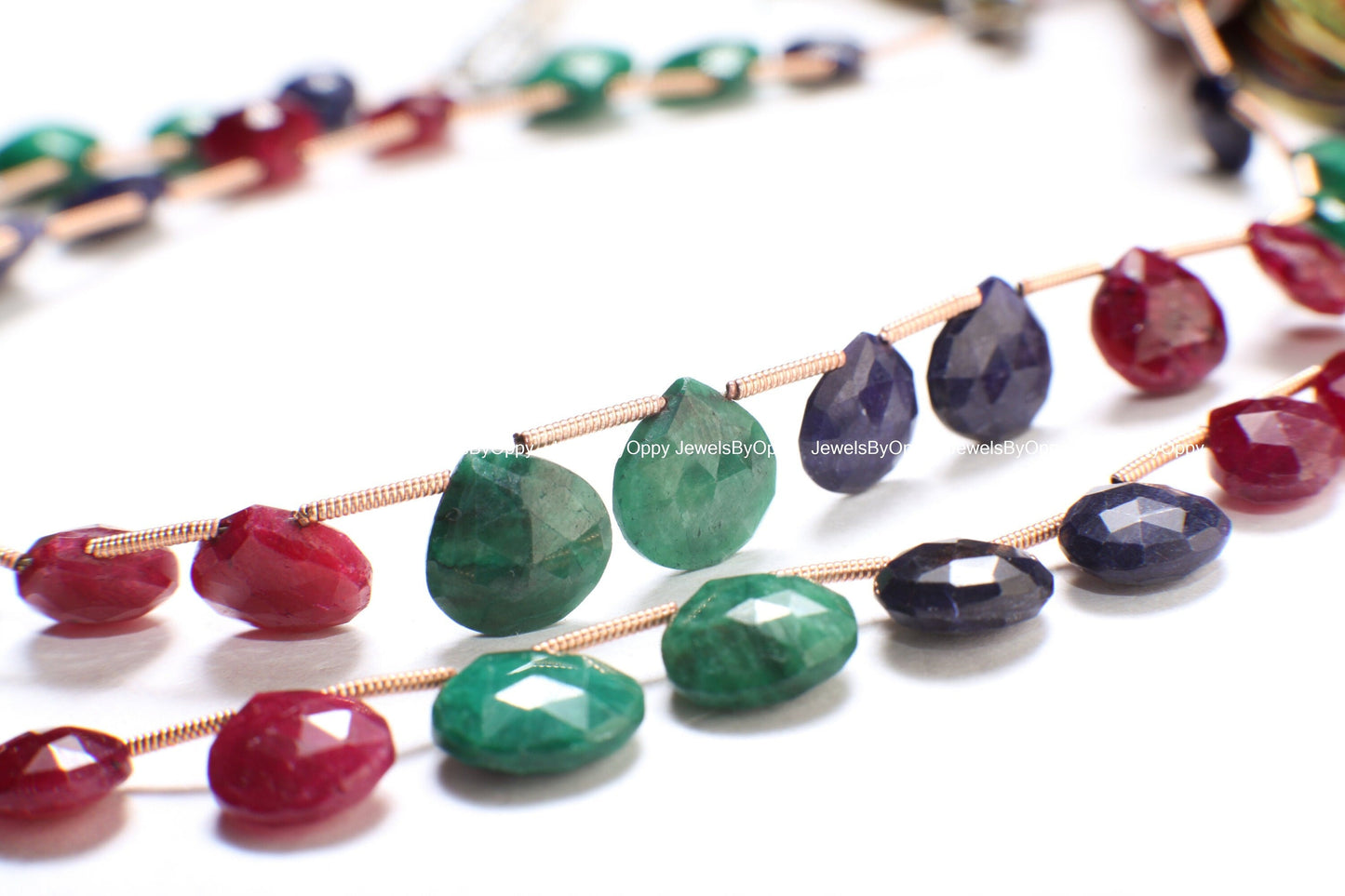 Ruby Sapphire Emerald Heart Briolette Drop,Genuine Graduated Ruby , Sapphire,Emerald Green Faceted Teardrop 8-11mm Gemstone, 12, 24 pcs mix