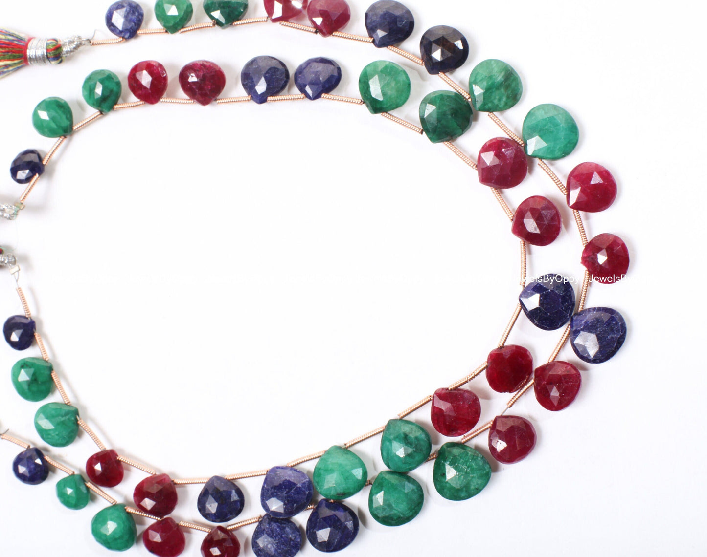 Ruby Sapphire Emerald Heart Briolette Drop,Genuine Graduated Ruby , Sapphire,Emerald Green Faceted Teardrop 8-11mm Gemstone, 12, 24 pcs mix