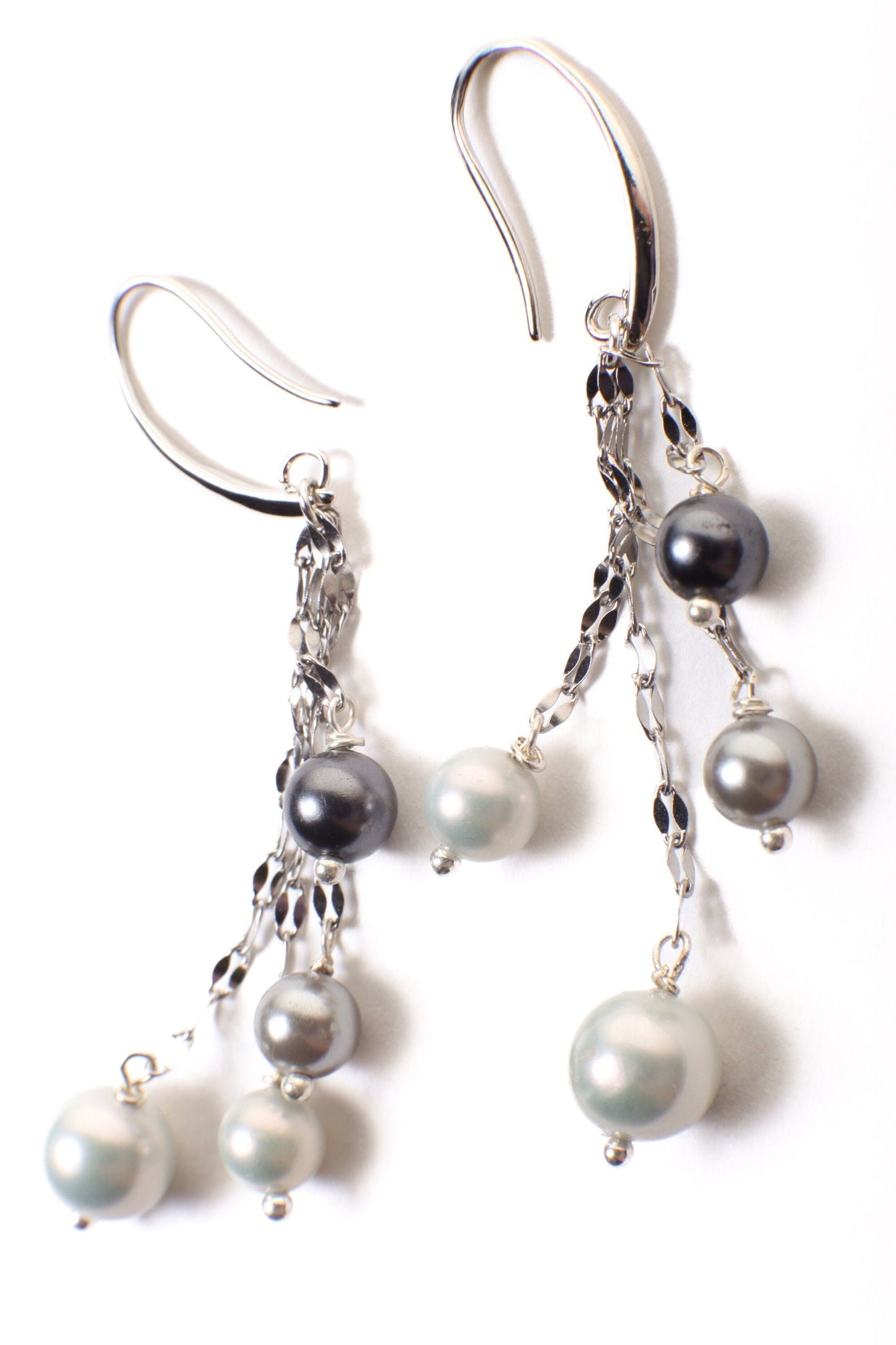 South Seashell Pearl Grey, Silver, Black, Tri color Dangling Rhodium Earrings, Bridal, Boho, Handmade Elegant Gift for Her