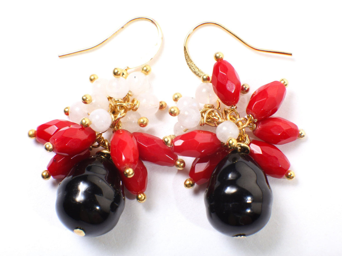 Moonstone and Bamboo Coral Dangling with Black south seashell Baroque Pearl Gold Earrings, Bridal, Boho, Handmade Gift for Her