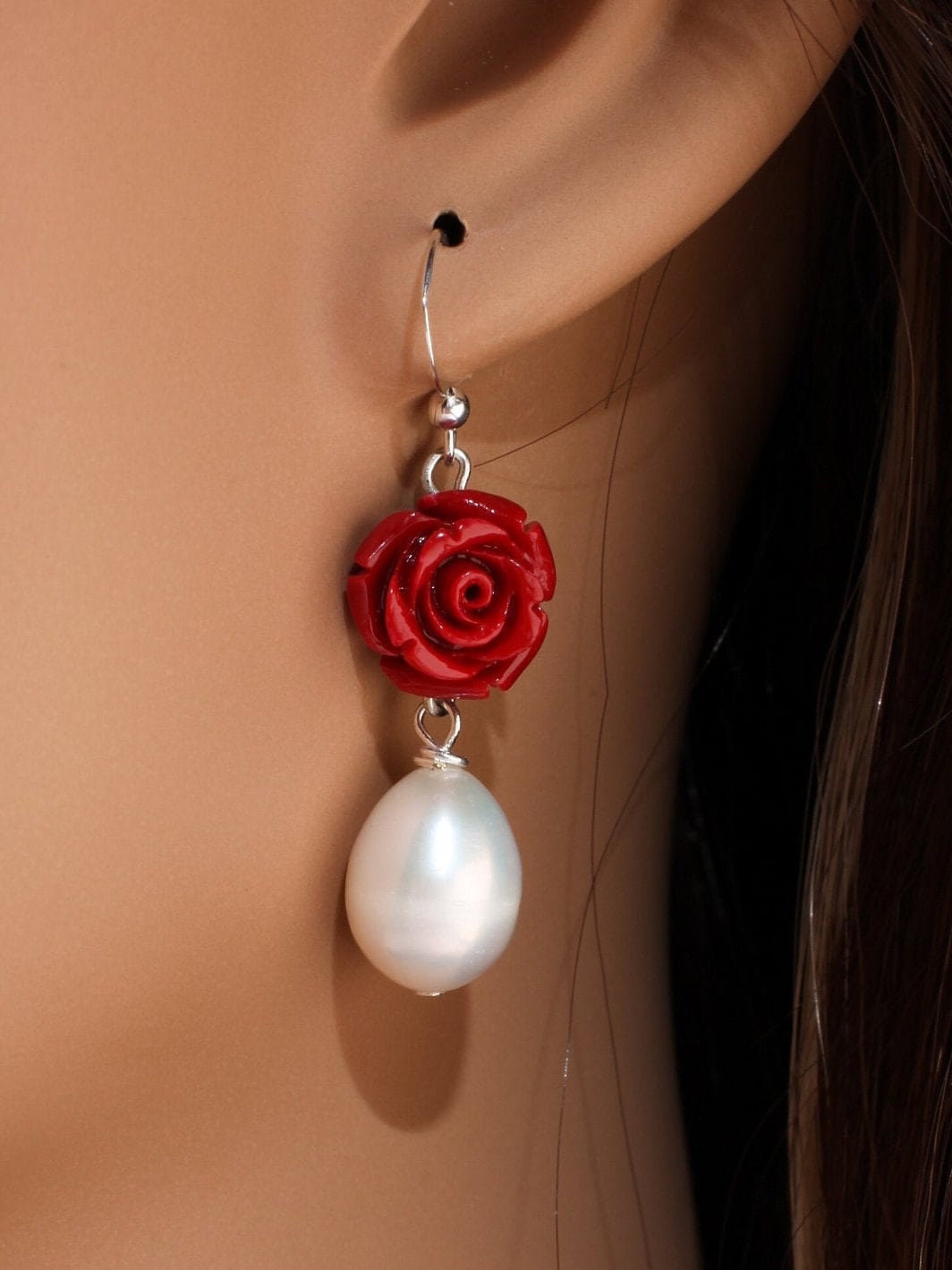 Freshwater Dangling Baroque Pearl with Red Rose Flower bead in 925 Sterling Silver Earwire, Bridal, Boho, Handmade Gift
