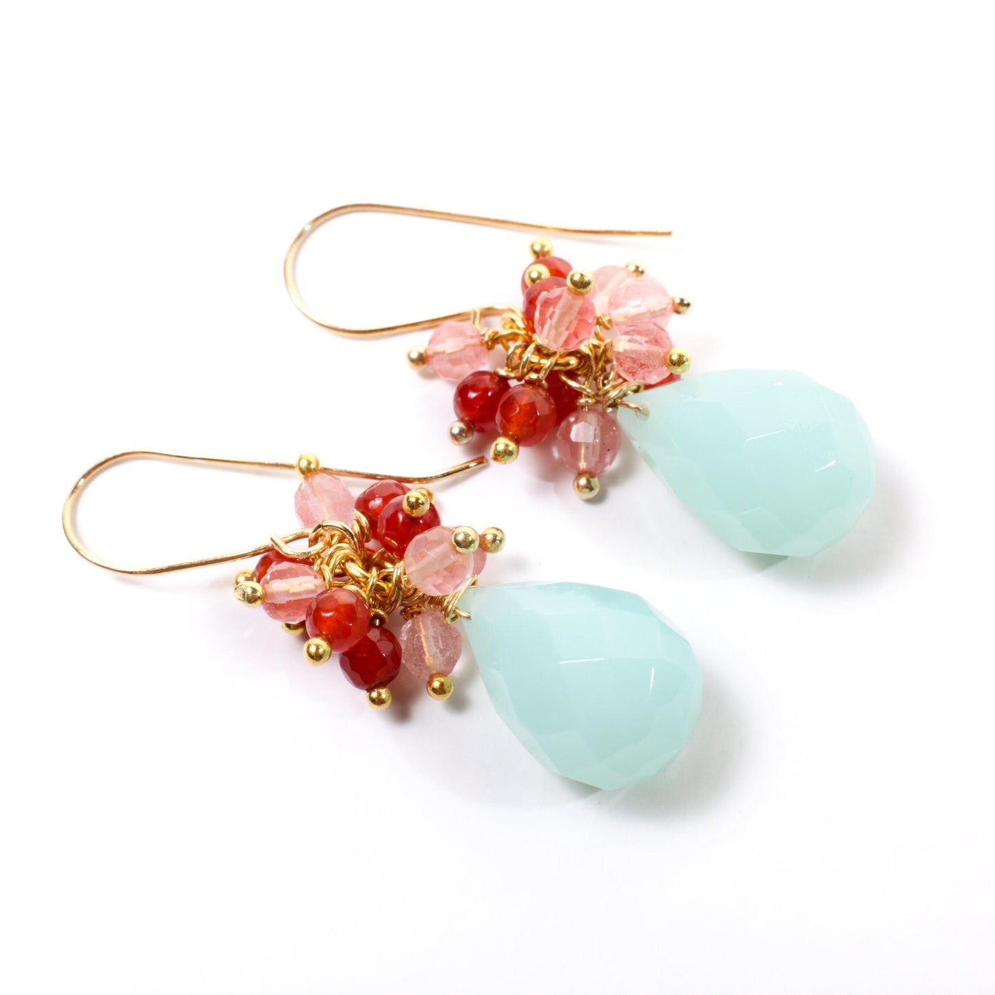 SALE ..Aqua Chalcedony 13x18mm Faceted Drop Cluster Earring, Carnelian Agate, Strawberry Quartz in Gold Vermeil Earrings