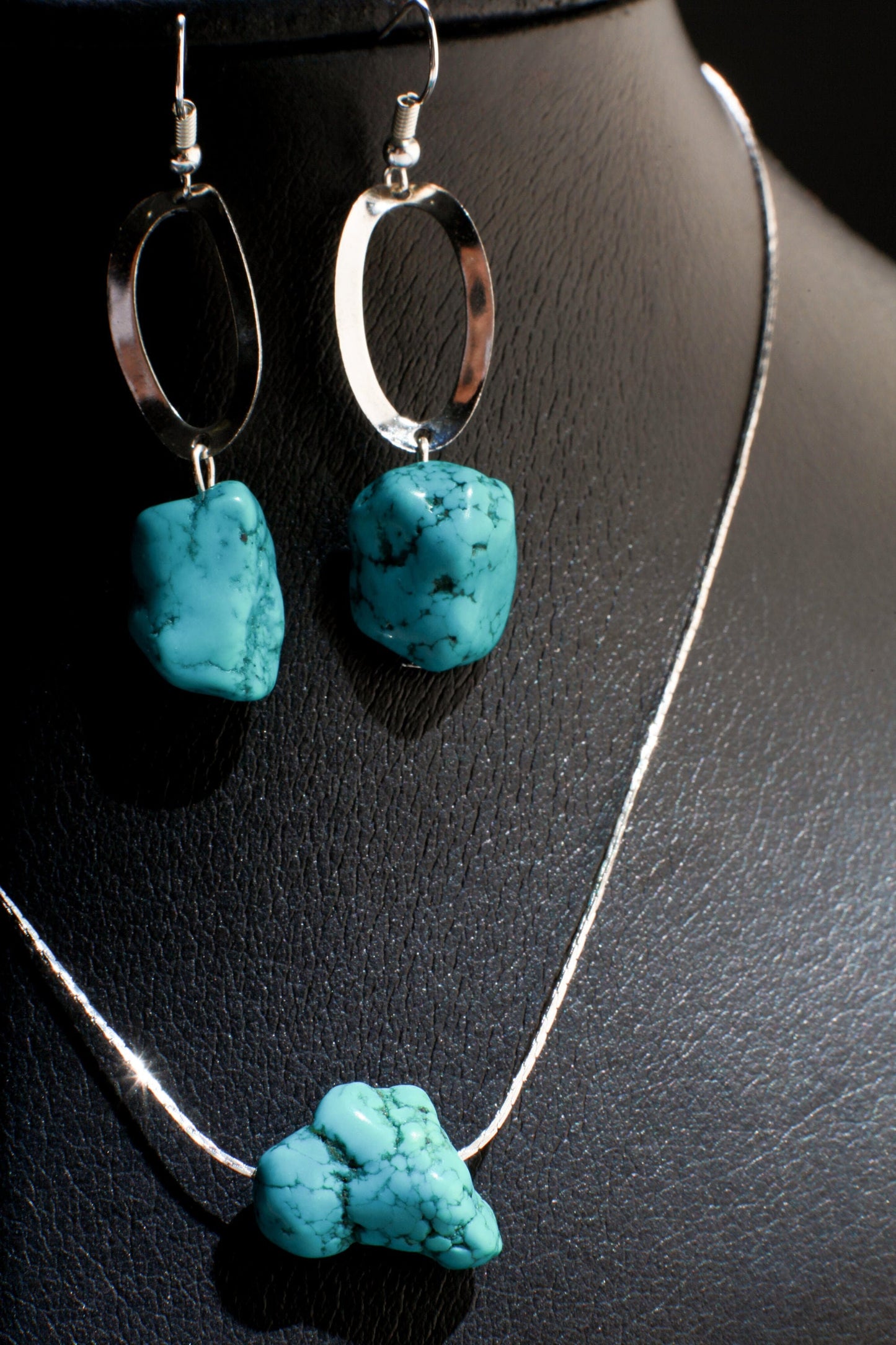 Natural Raw Turquoise Nugget Earring and Necklace Set in 16" Silver Filled Beading Chain and Ear wire Jewelry Set with 2" Extension Chain