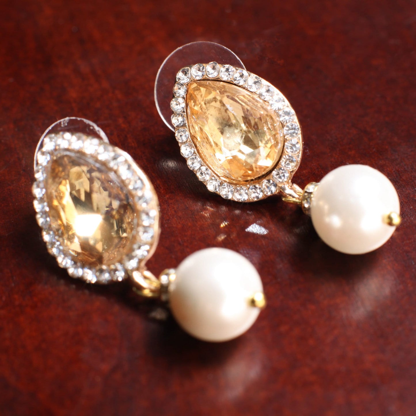 Yellow Topaz CZ crystal Dangling South Seashell pearl Pendant,Matching Crystal Wire Wrapped Necklace, Matching Pearl Earrings Set 18"+2"ext
