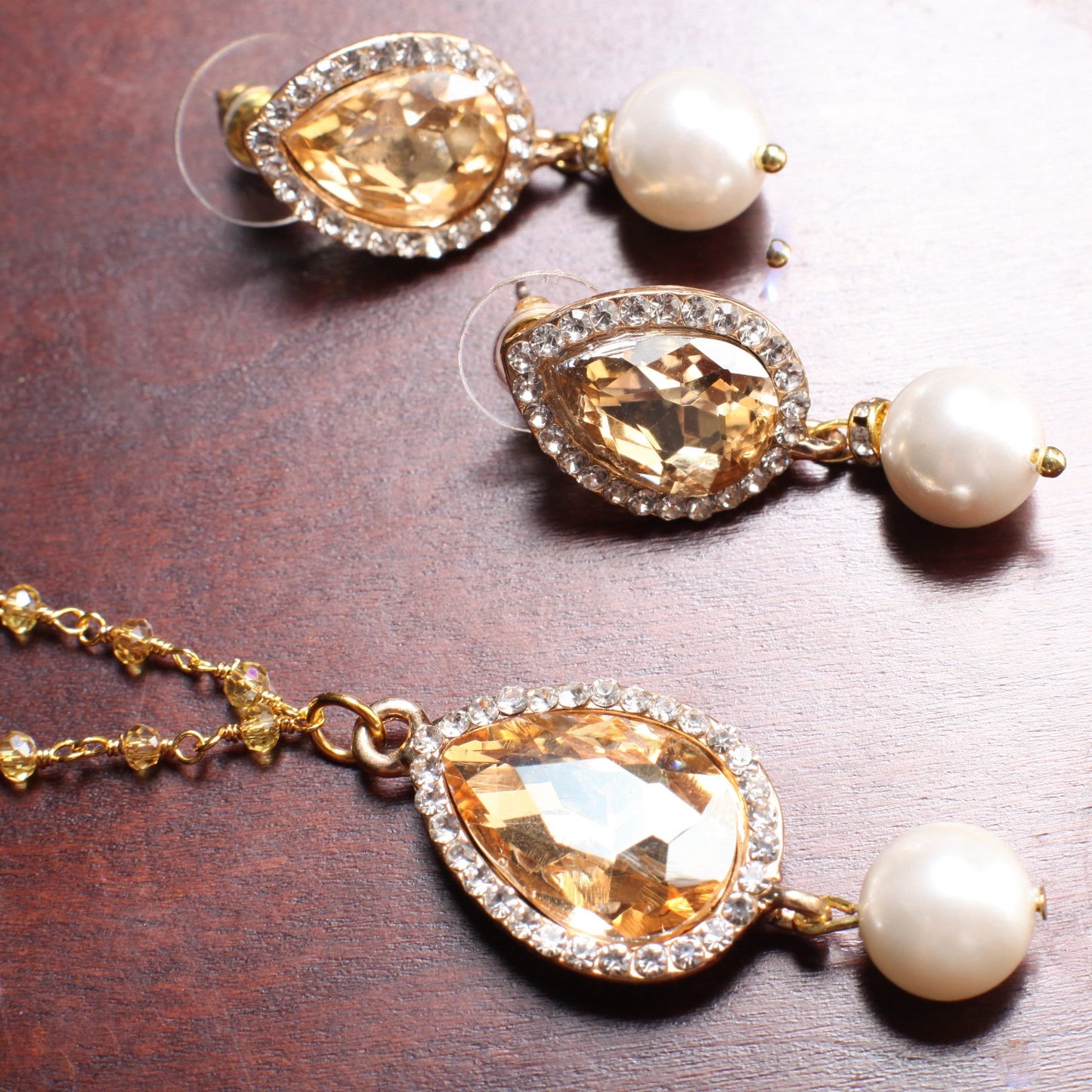 Yellow Topaz CZ crystal Dangling South Seashell pearl Pendant,Matching Crystal Wire Wrapped Necklace, Matching Pearl Earrings Set 18"+2"ext