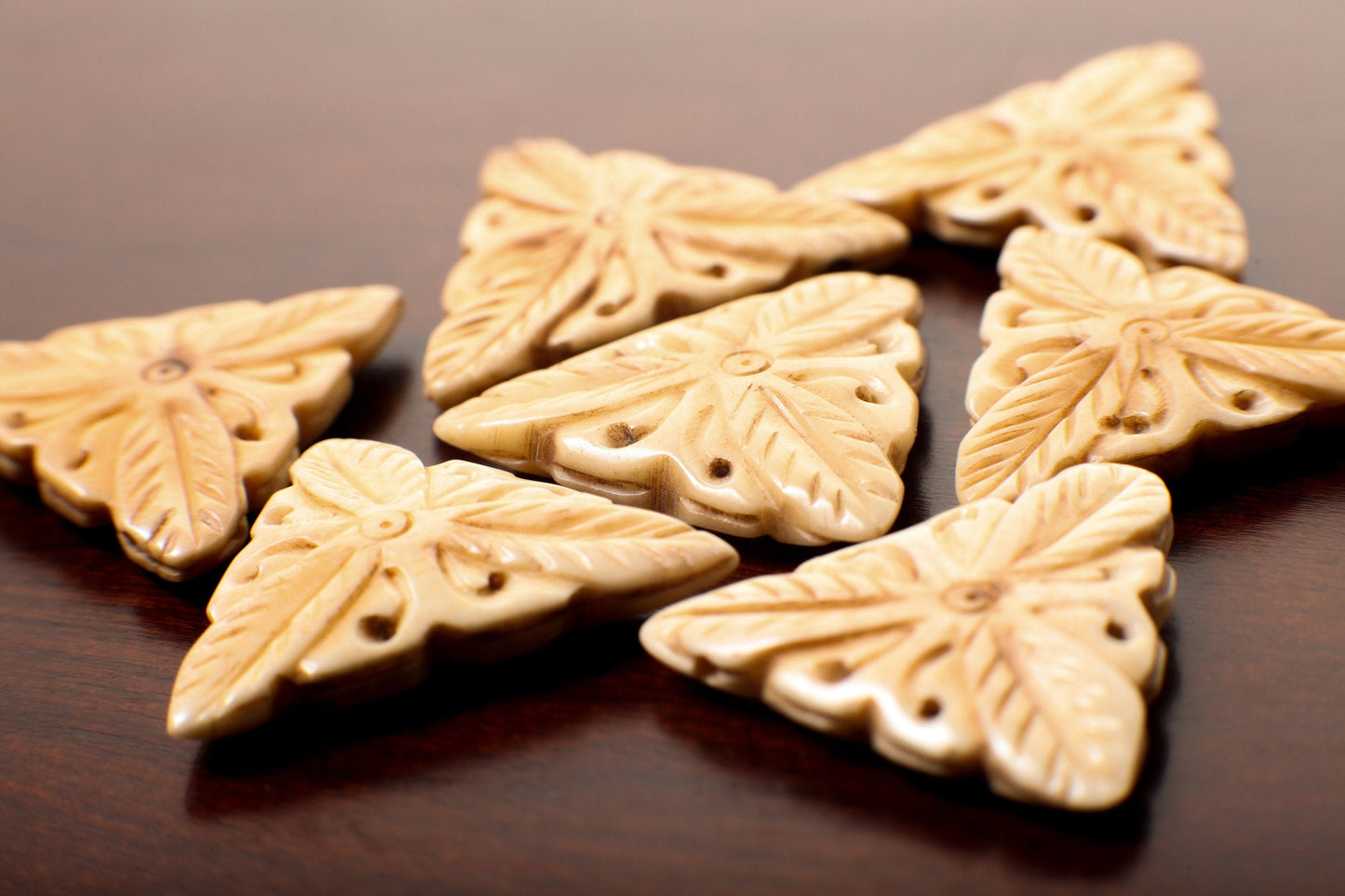 Carved Buffalo Bone 30mm Hand Craved Flower, Leaf Double Sided, Top Drilled Triangular Shape Bead Pendant, Art Deco